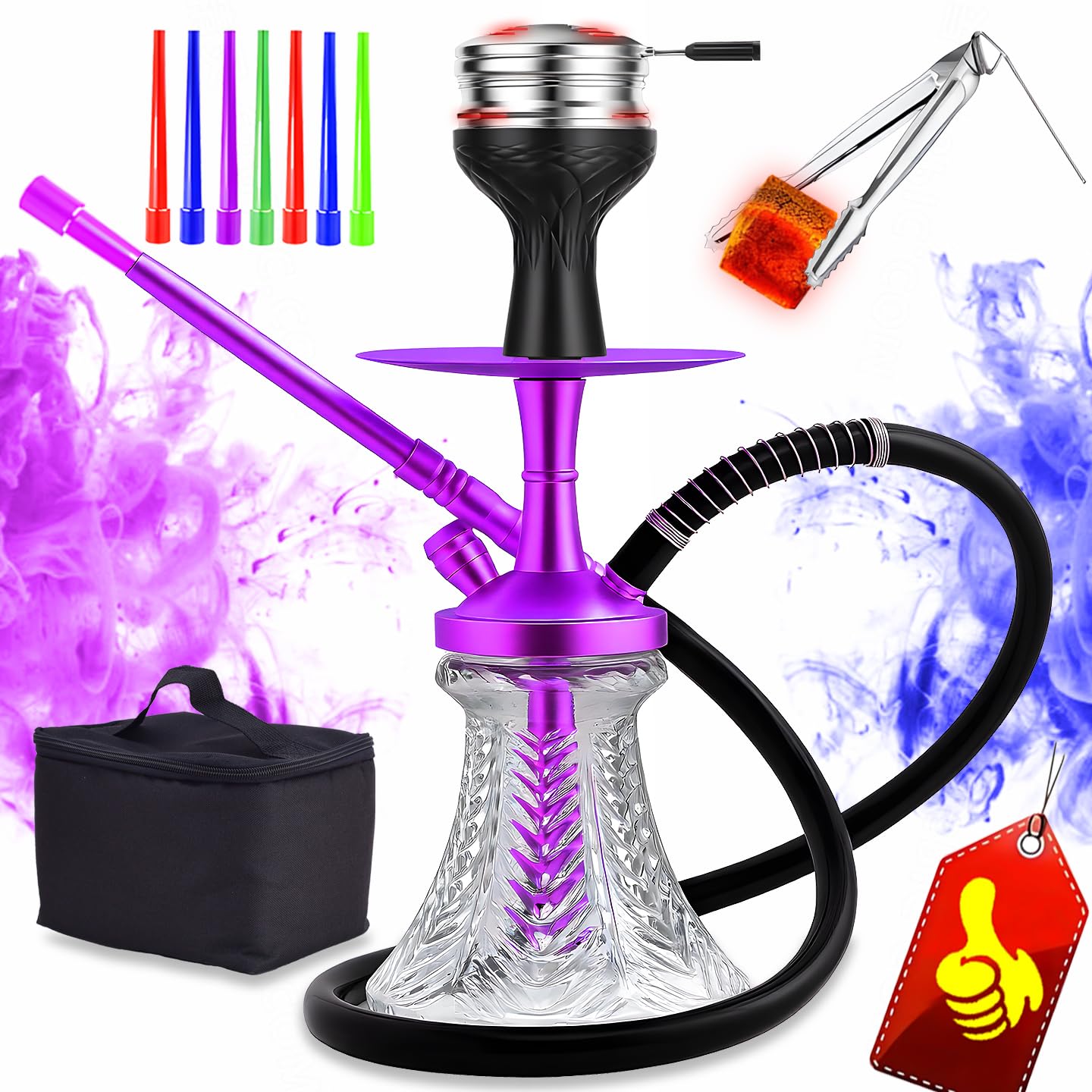 19 3 Premium Hookah Set - Portable Shisha Kit with Protective Carrying Case Featuring Silicone Hose Stainless Steel