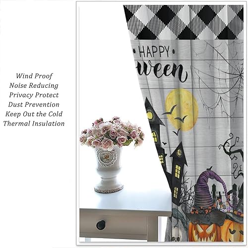 Miniatura 6 de Cortinas de Halloween naranja y negro con diseño de calabaza, araña, murciélagos para sala de estar y dormitorio, decoración de panel de cortina de