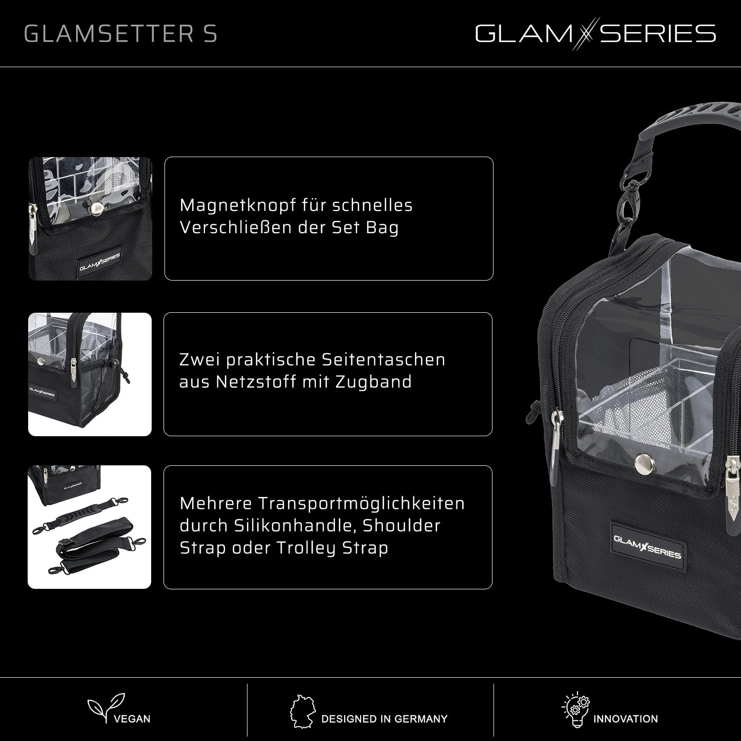 GlamSetter S Kosmetiktasche 175 x 165 x 230 mm, transparenter Make up Organizer mit flexiblen Trageoptionen