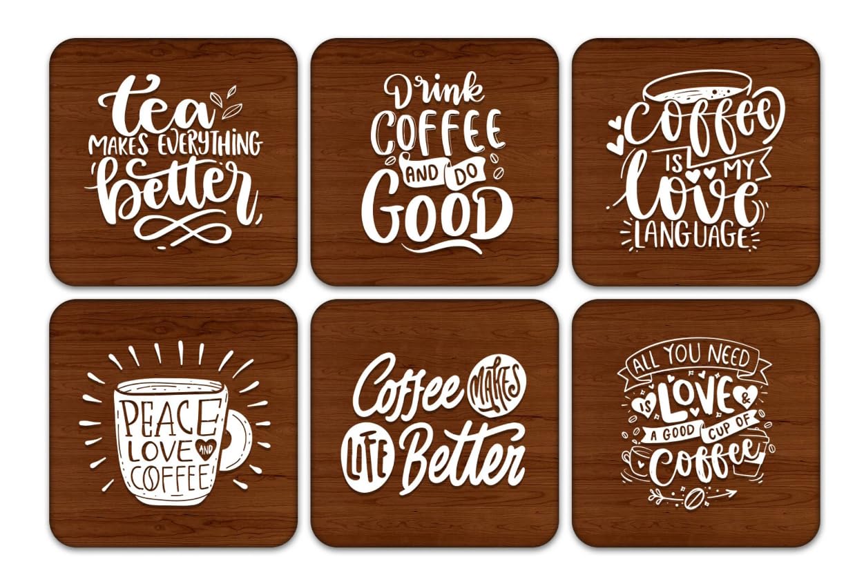 Coffee and Tea Themed Wooden Coasters, Set of 6, Brown, Quotes Design, Kitchen Decor-image-48
