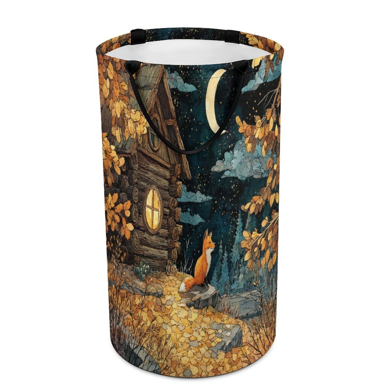 LUYYSKY Fantasy Classic Wildlife Fox Collapsible Dirty Clothes Basket, Retro Watercolor Autumn Forest Log Cabin Barn Animals Fox Portable Clothes Storage Basket