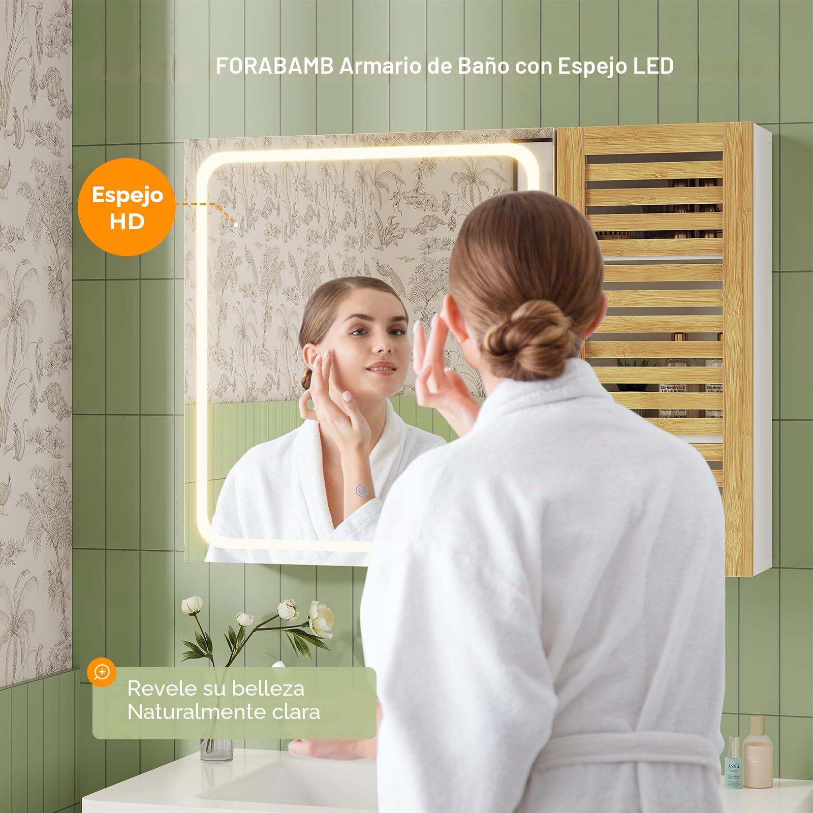 Armario con espejo para baño con iluminación, armario de baño con espejo, armario con 6 estantes, 4 estantes ajustables, armario colgante con puerta de bambú, 80 × 60 × 16 cm