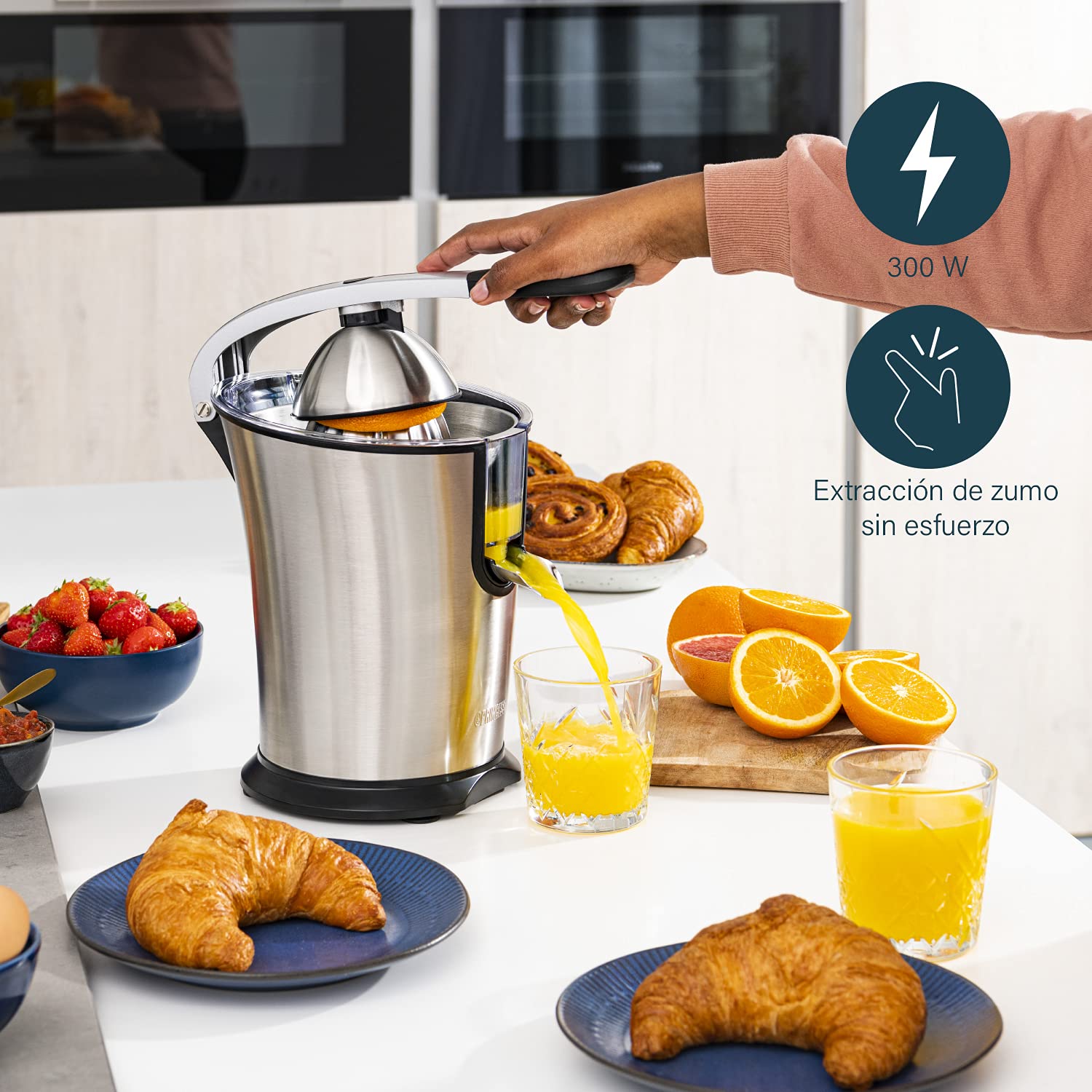 Princess 201860 Exprimidor de Cítricos Master Juicer Pro, Cono universal de acero inoxidable, Brazo de Palanca Profesional, Potente Motor de 300 W, Filtro para Pulpa, Depósito con Sistema Antigoteo
