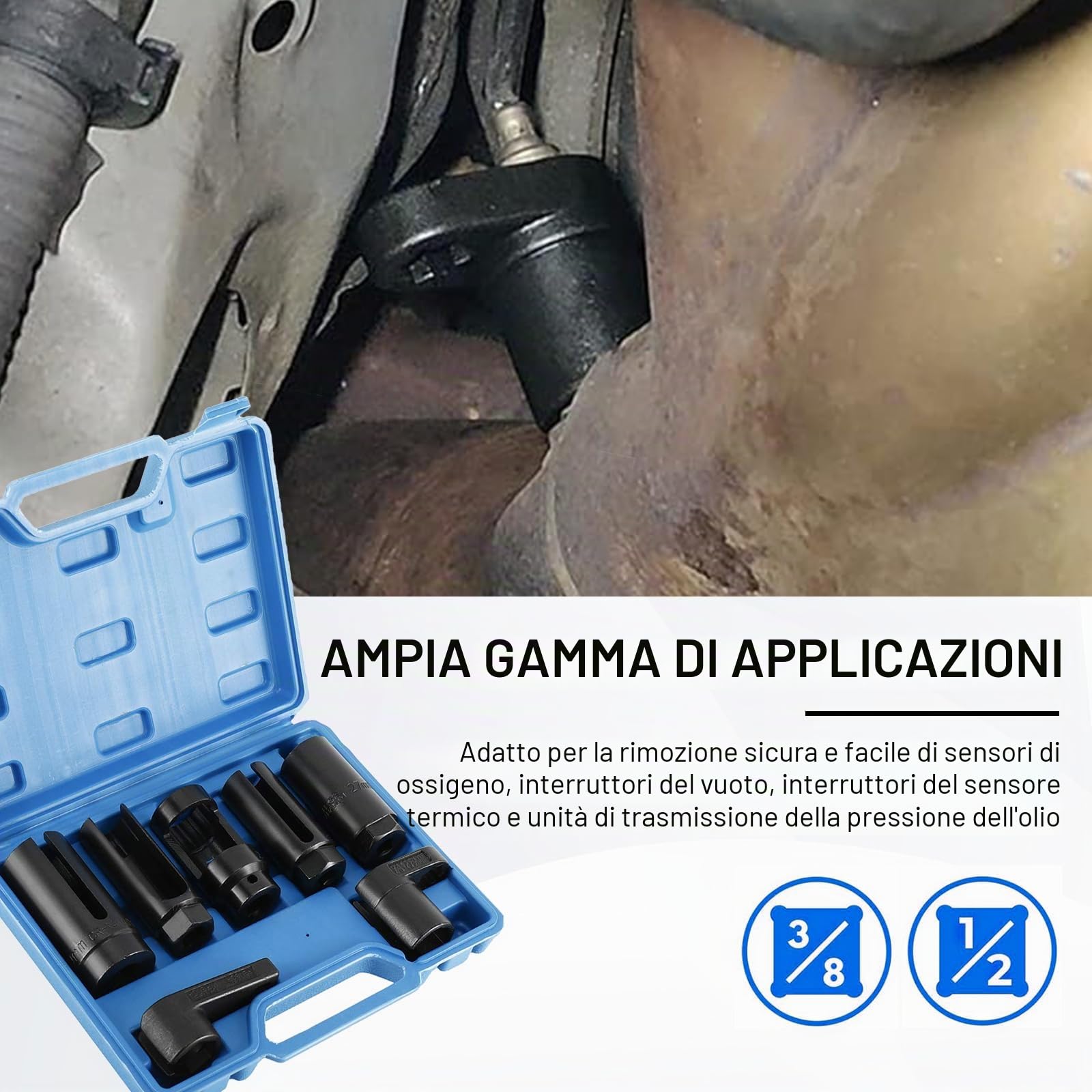 FreeTec 7 Pezzi Set di Chiave Sonda Lambda, 22mm 27mm 29mm Bussole Sensori di Ossigeno O2, 1/2" 3/8" Set Chiave per Smontare Sonda Lambda delle Auto