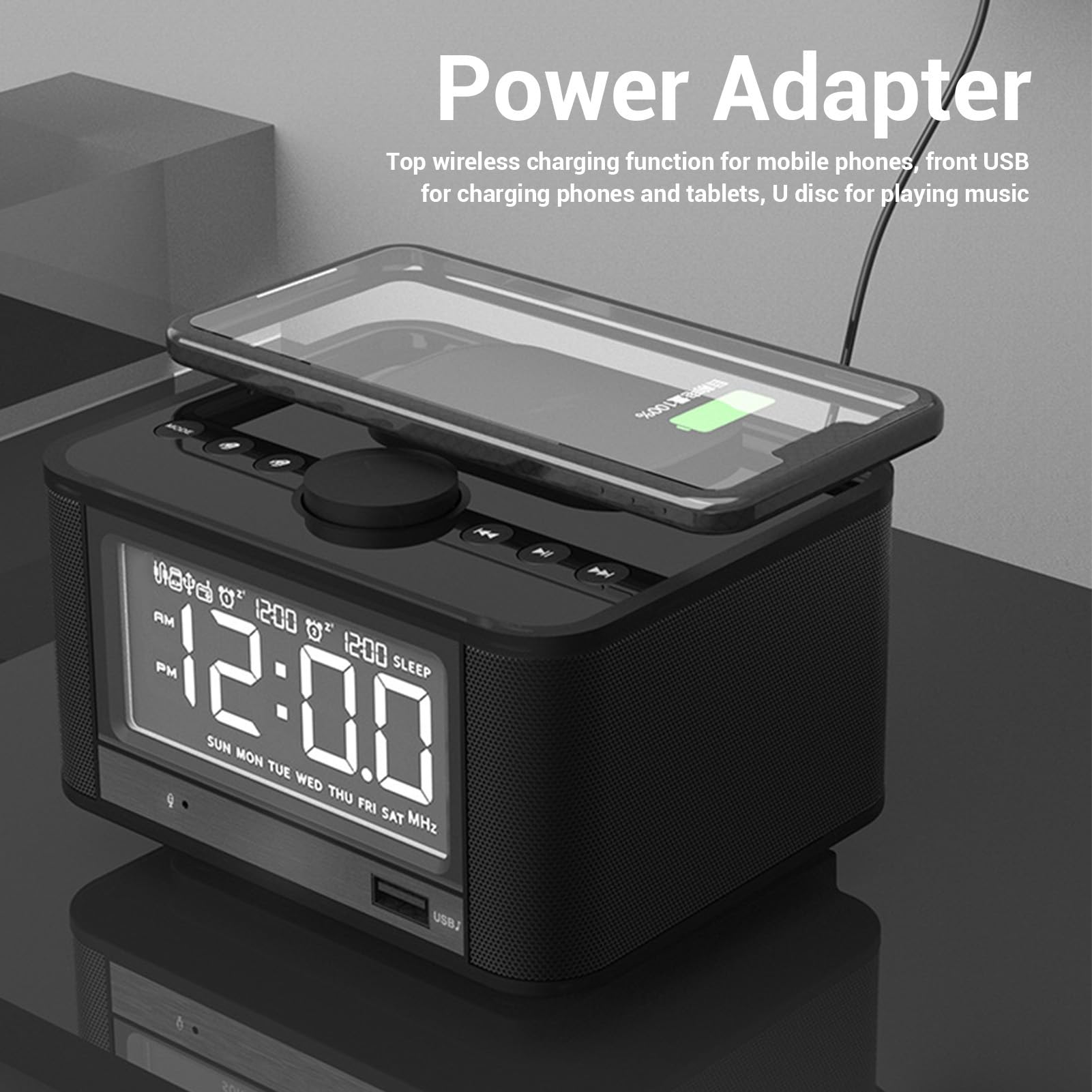 Goshyda Altavoz Bluetooth con Carga Inalámbrica, Radio Despertador para Dormitorios, Reloj Digital Regulable con Estación de Carga de Radio FM, Tarjeta de Memoria y Reproducción (Enchufe de la UE)