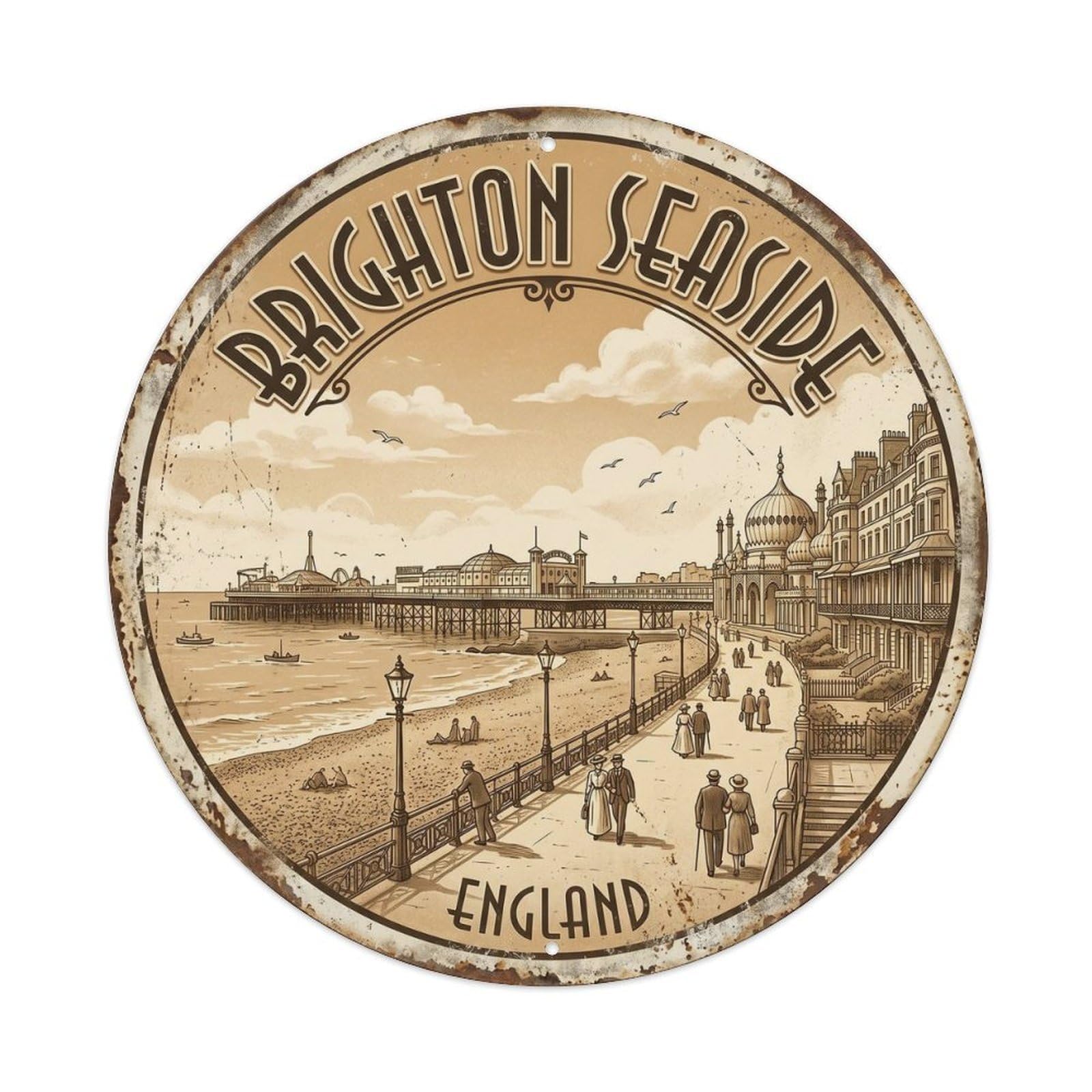 Vintage Travel Brighton Seaside England Metal Tin Sign Plaque Wall Decor for Cafe, Club, Garden Round Metal Poster 8x8Inch