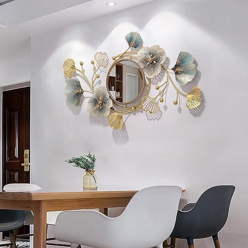 Hoernflk Espejos de pared decorativos de metal para sala de estar, grandes espejos de pared de metal con hojas de ginkgo, espejo de decoración de