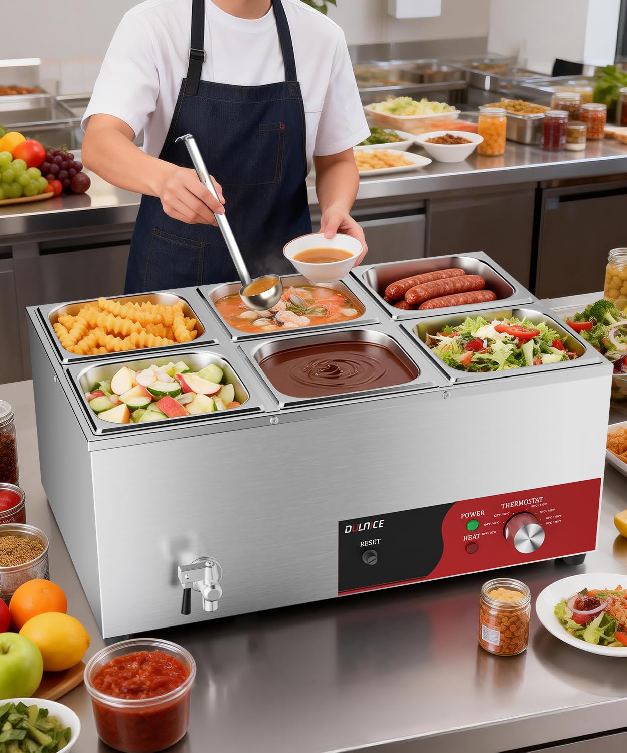 Bain-Marie Électrique 6 bacs avec Réinitialisation, Réchauffeur Électrique Commercial pour Buffet 1500W avec Robinet de Vidange et Cuillère à Soupe pour Cantines et Cafés, Contrôle de la