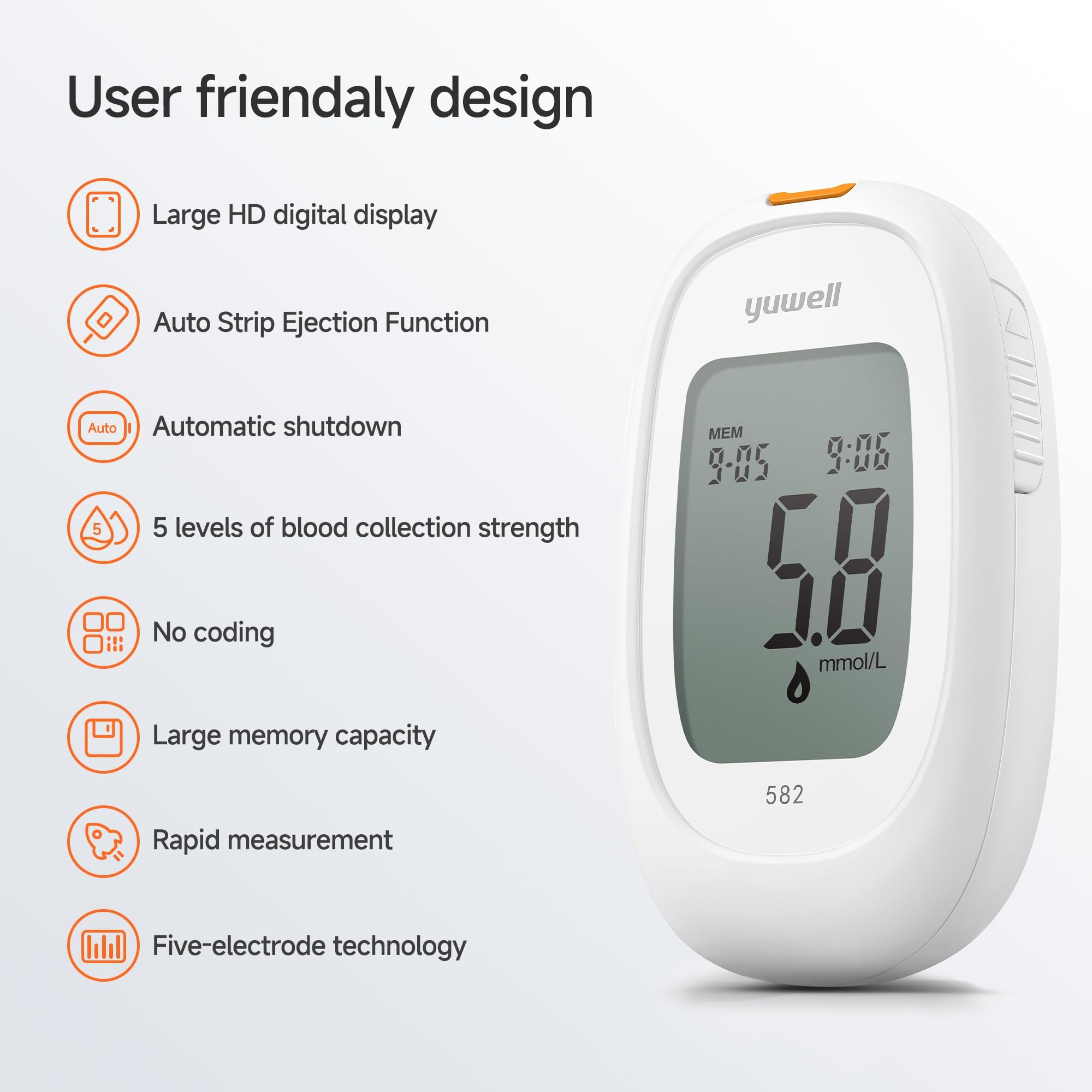 yuwell Blutzuckermessgerät Set mit Teststreifen x 50 und Lanzetten x 50, Diabetes Test ideal für den Heimgebrauch, Zuckermessgerät zur Selbstkontrolle des Blutzuckers bei Diabetes (Modell 582)