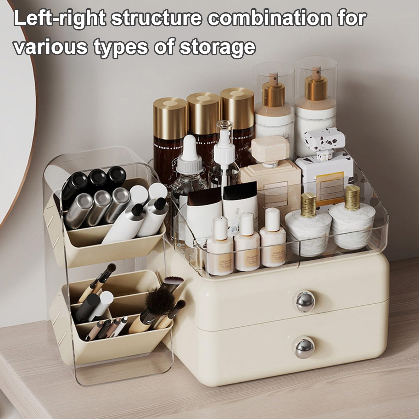 Caja de almacenamiento de cosméticos de escritorio, organizador de cosméticos de gran capacidad con 2 cajones, caja extraíble con múltiples compartimentos, organizador de maquillaje para
