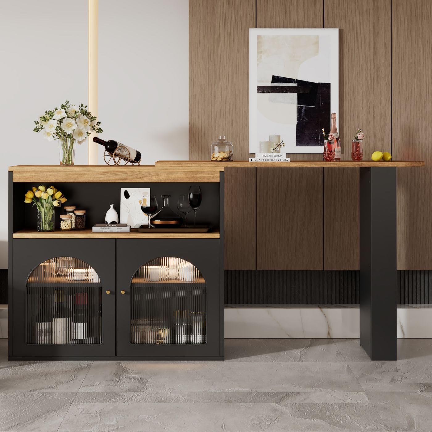 Sweiko Bar télescopique Table Moderne, Table de Salle à Manger télescopique avec Espace de Rangement, pivotante,Meuble de Rangement pour la Salle à Manger (Black)