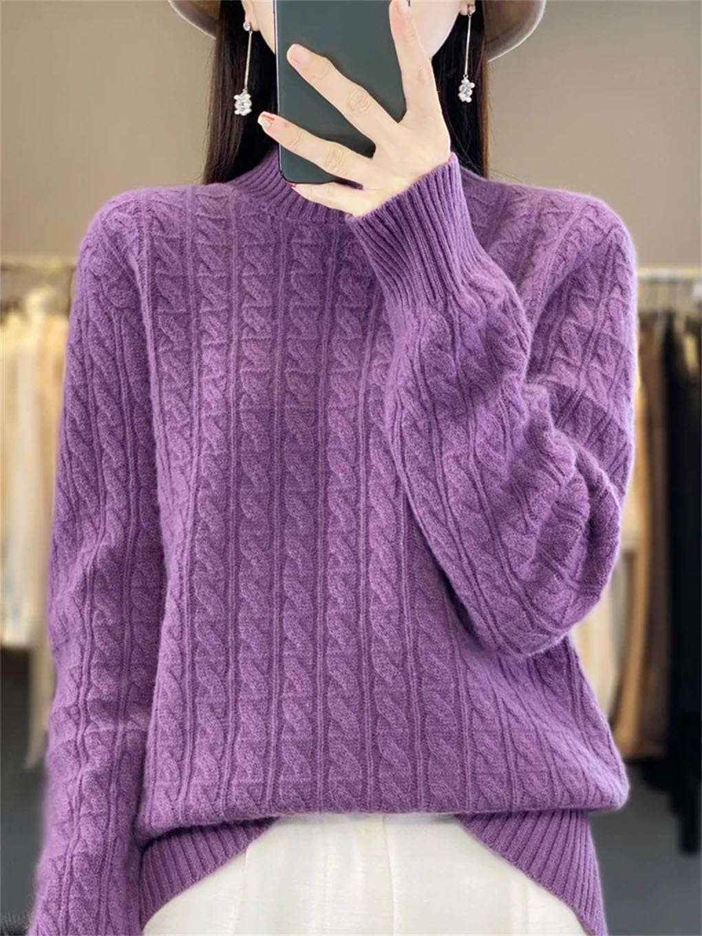 Maglione invernale da donna in lana, spesso, caldo, con collo a lupetto intrecciato
