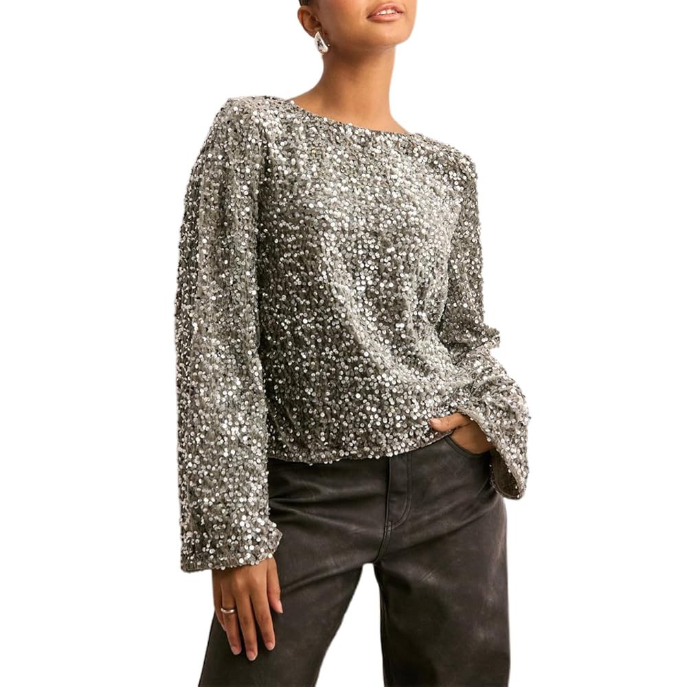 Womens Sparkle Sequins Long Sleeve Shirt Tops Shiny Glitter