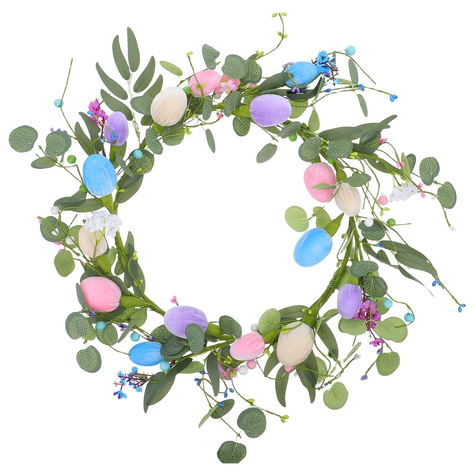 Toyvian Ghirlanda Pasquale Primaverile Artificiale Uova di Peluche e Foglie di Eucalipto, Decorazione da Appendere per Porta D’ingresso, Corona di Pasqua Color Pastello per Interni