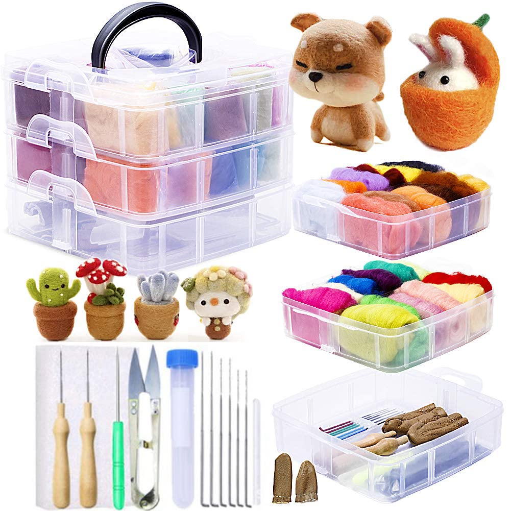 Excefore Needle Felting Kit, Wool Roving, Complete Needle Felting Starter Kit with Basic Felt Tools and Supplies Wool Fibre Spinning Craft Wet Felting Material for Beginners