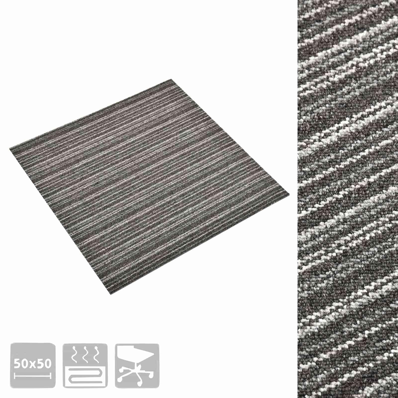 Juego de 20 azulejos de alfombra a rayas, antracita, 50 x 50 cm, polipropileno para interiores, alfombra modular con superficie texturizada