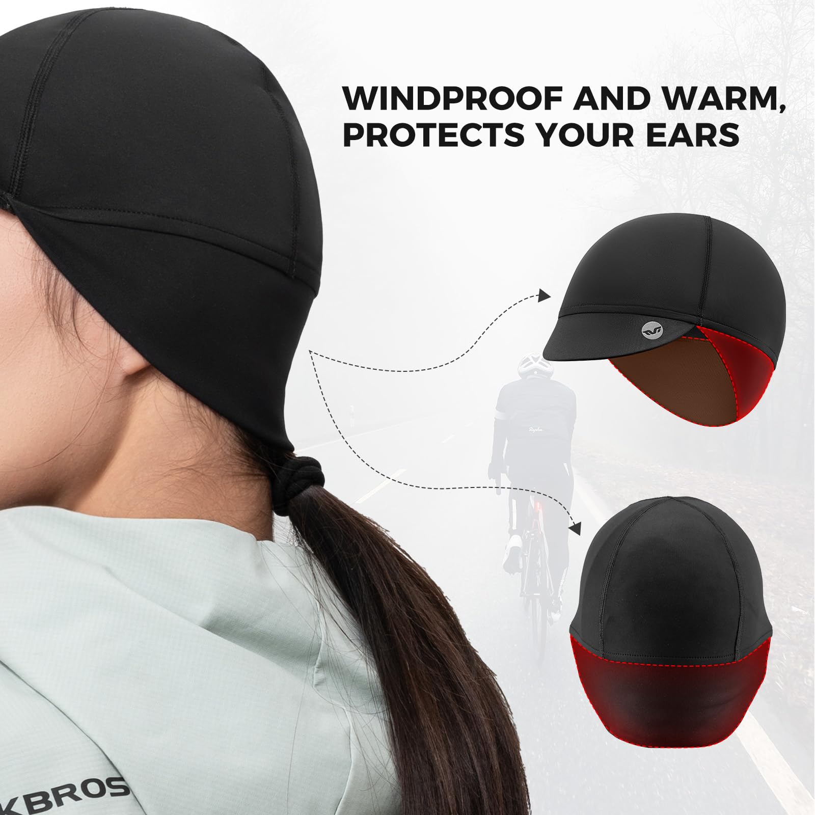ROCKBROS TVI Berretto Sottocasco Bici Invernale, Cappellino con Visiera, Elastico Berretto Copricapo Antivento Caldo Paraorecchie, per Ciclismo Sci Moto, Nero