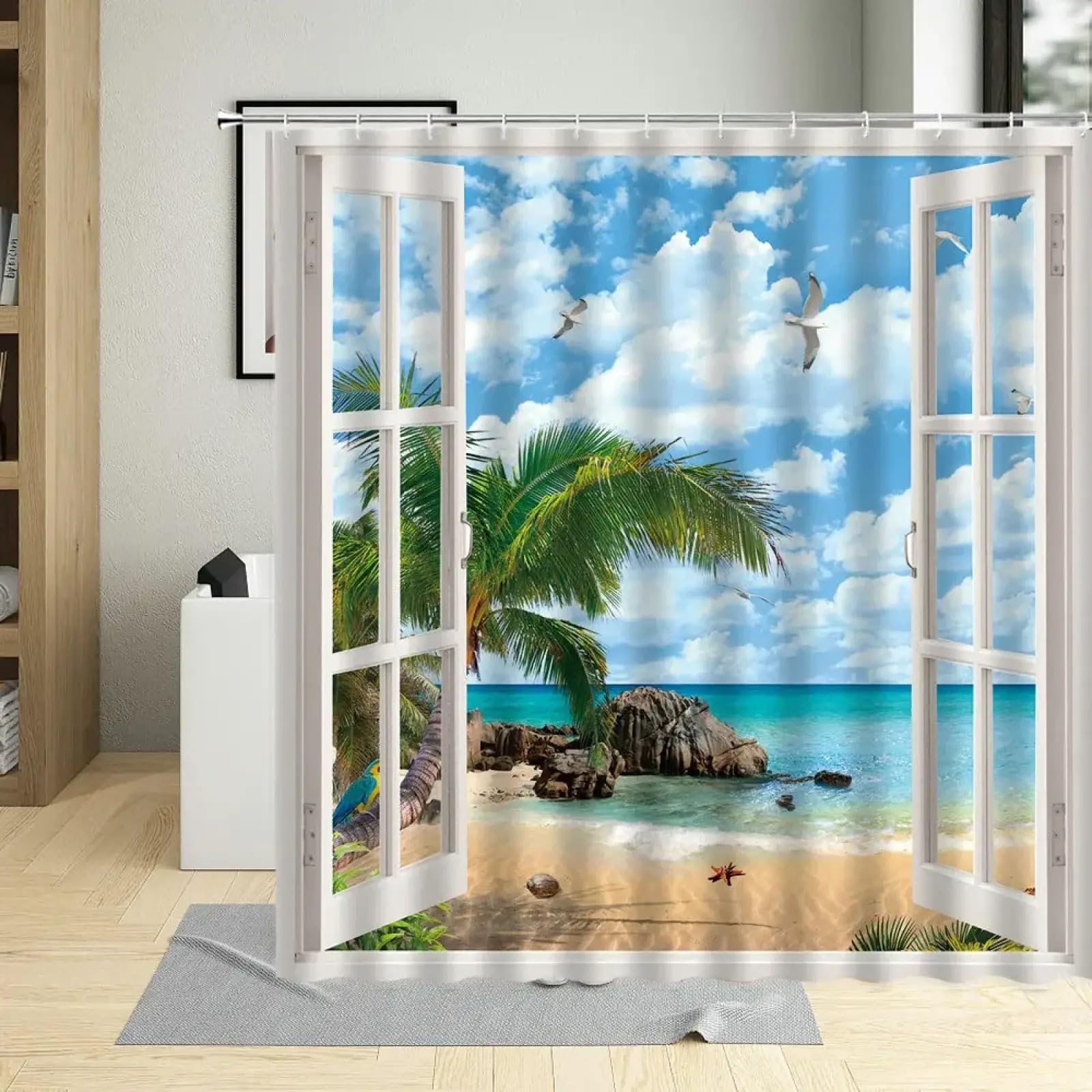 Rideau de douche rideaux de baignoire avec crochets motif paysage de plage tissu imperméable 150x183