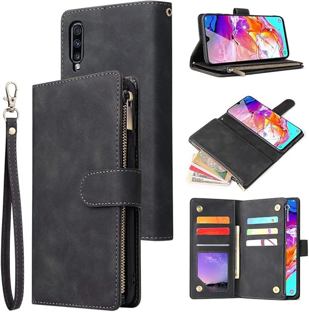 L-FADNUT Wallet Leather Case for Samsung Galaxy A50 Trifold Flip Wallet Phone Case with Card Holder Lanyar Strap Kickstand Zipper Magnetic Folio Case Cover for Samsung Galaxy A50 Black