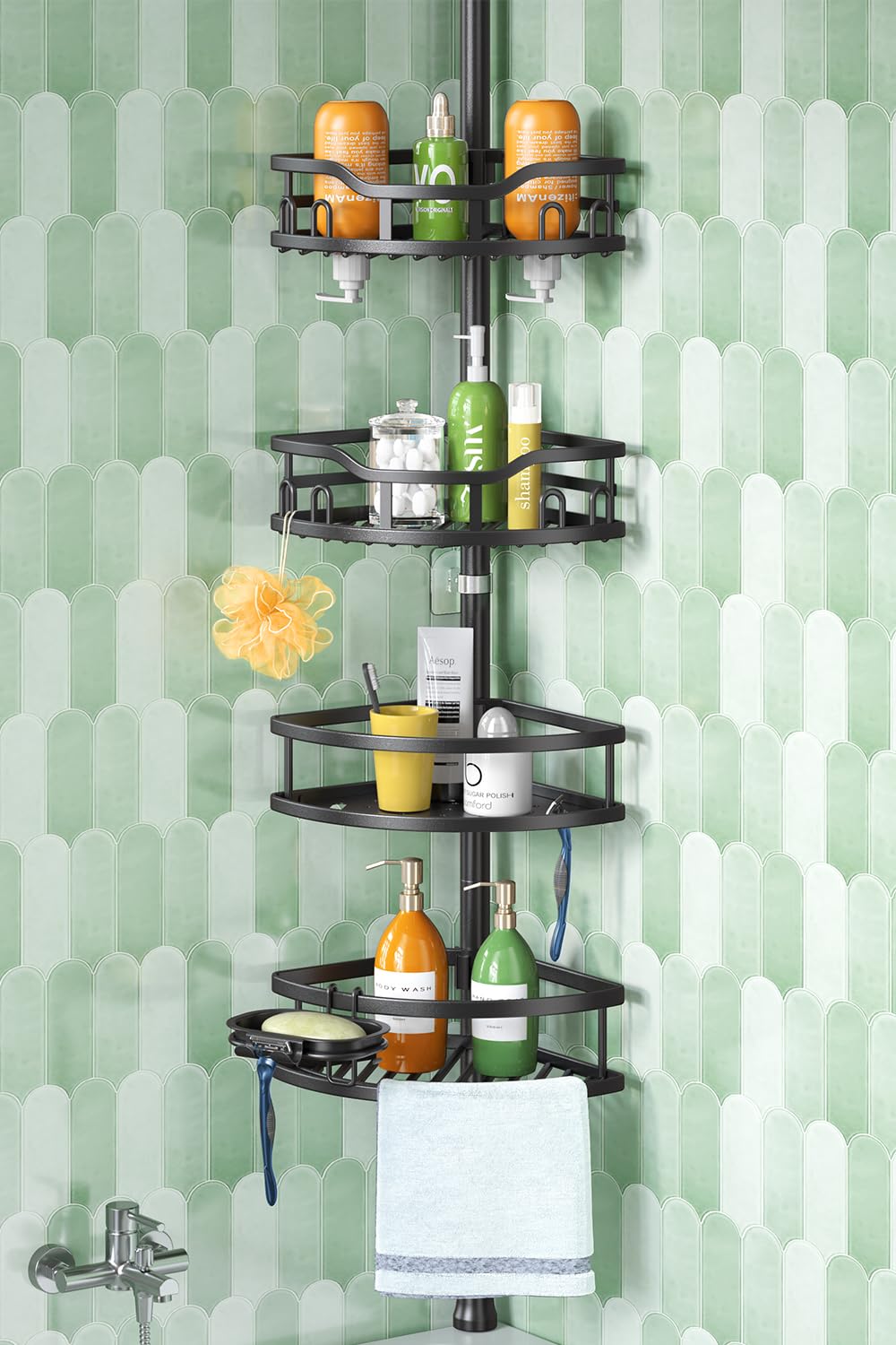 HAMITOR Corner Shower Caddy Tension Pole: Rustproof Stable 4-Tier Bathroom Organizer Shelves for Bathtub Shampoo Storage - 47-121 Inch Quick Install Adjustable Standing Rack with Soap Rack - Black
