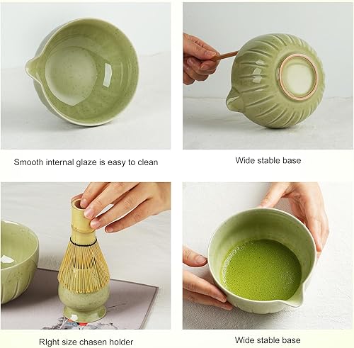Miniatura 5 de Juego de batidor de matcha, 5 piezas para ceremonia, juego de cuencos de cerámica con boquilla, batidor de bambú (Chasen) con soporte de cerámica,