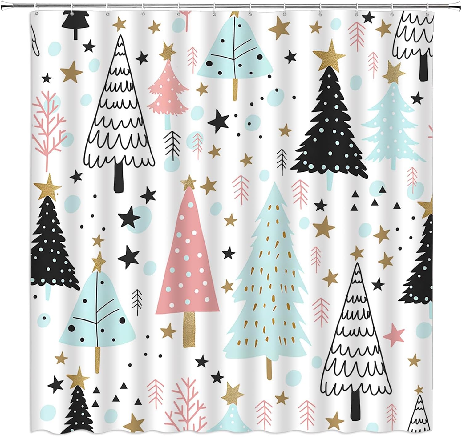 Christmas Extra Long Shower Curtain Xmas Tree Pine Forest Snowflake Star Winter Holiday Festival Teal Pink Black Fabic with Hooks for Bathroom Decor,70x84 Inch