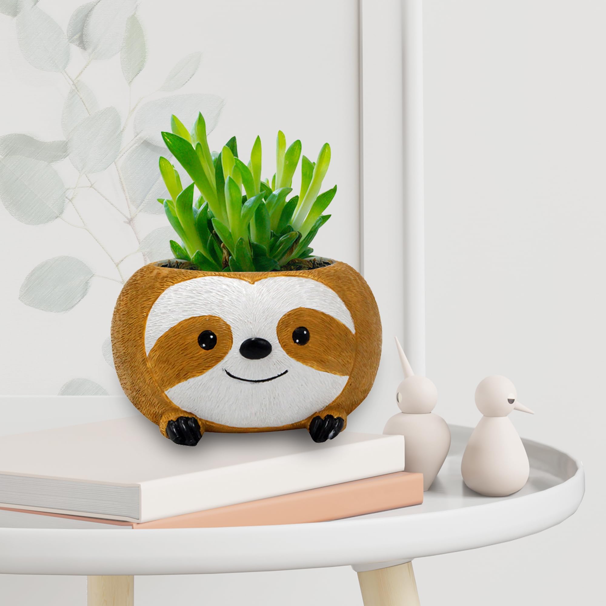 Sloth Animal Flowerpot Small Succulent Plant Pot with Drainage Hole Cute Resin Flower Pot Ornaments Home Desktop Greenery Decor for Gardening Enthusiasts (Smiling)