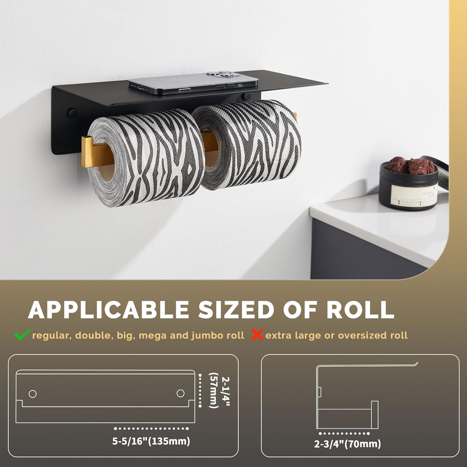 Angle Simple Swivel Towel Ring Bundle with Double Toilet Paper Holder with Shelf (Black and Gold)