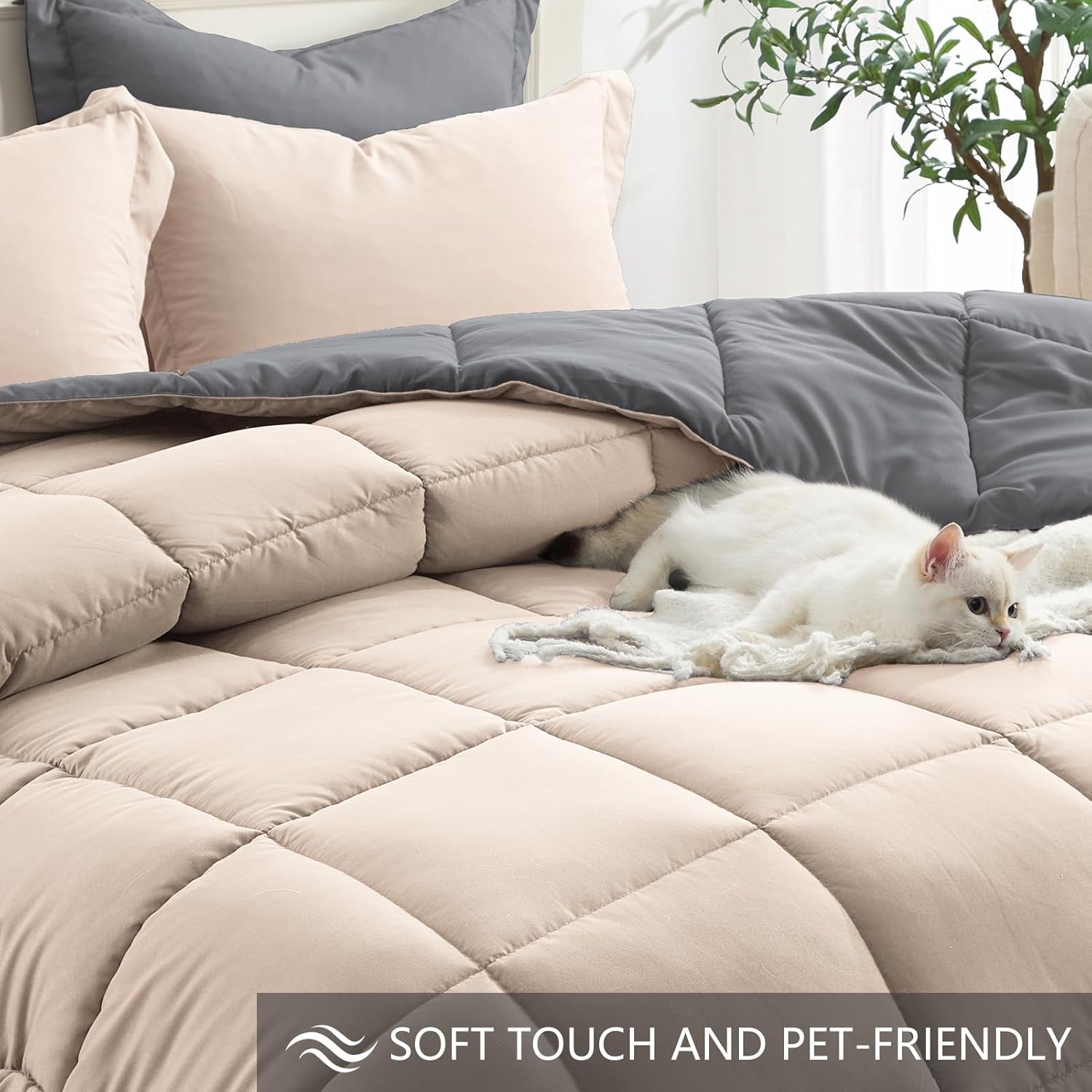 Homelike Moment Queen Comforter Set Beige, Comforters Queen Size Set Lightweight Reversible Down Alternative Bed Comforter Full Size Soft, All Season 3 Piece Sets Grey/Beige - Image 4