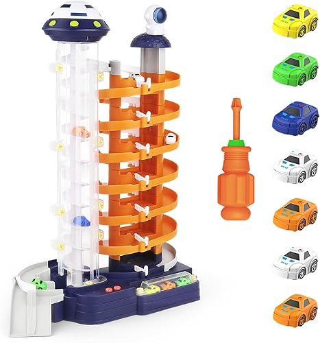 Tisslex Pista de carreras para niños de 4 a 7 años, juego de rampa de autos de siete pisos con ascensor, garaje de autos de juguete con 7 autos,
