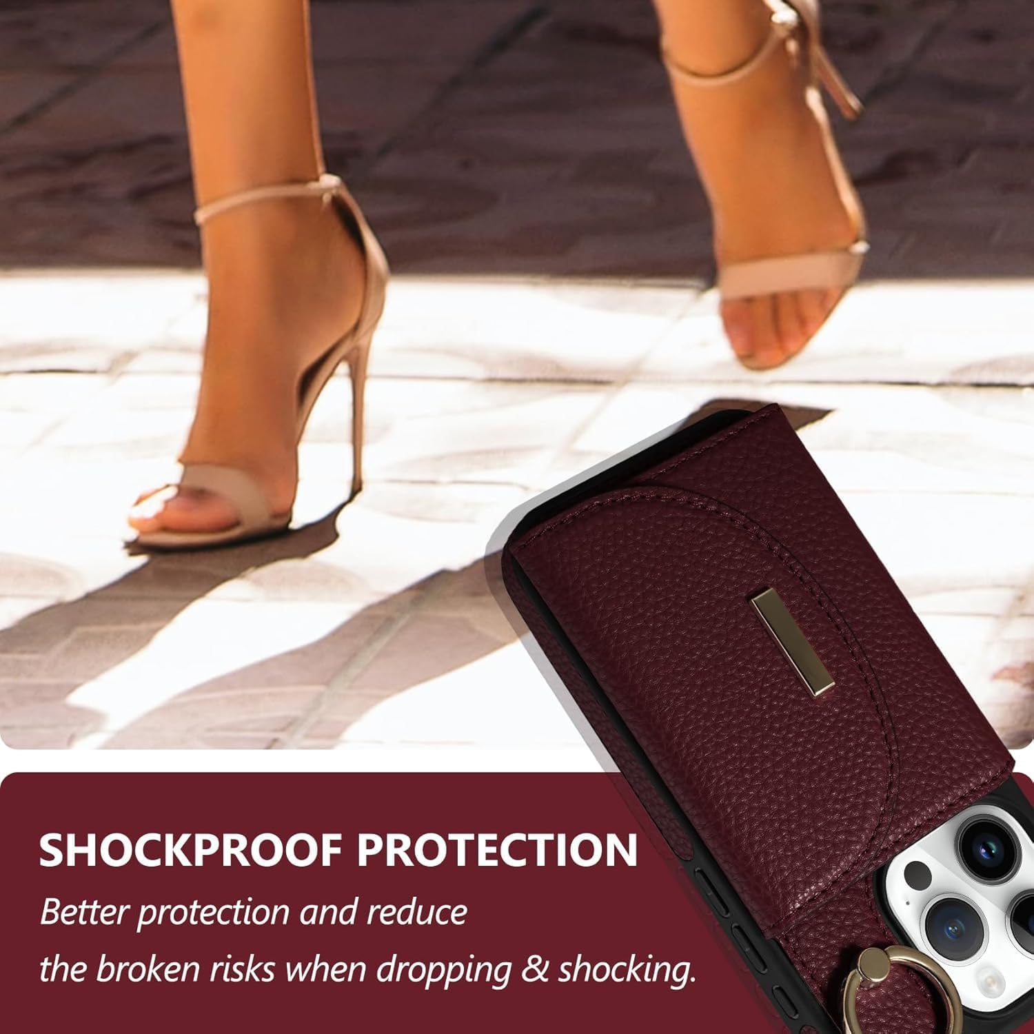 Keallce Wallet Case for iPhone 16 Pro 6.3'', Flip Case with Card Slots, Ring Holder Kickstand, PU Leather Protective Folio Cover for Women, Red