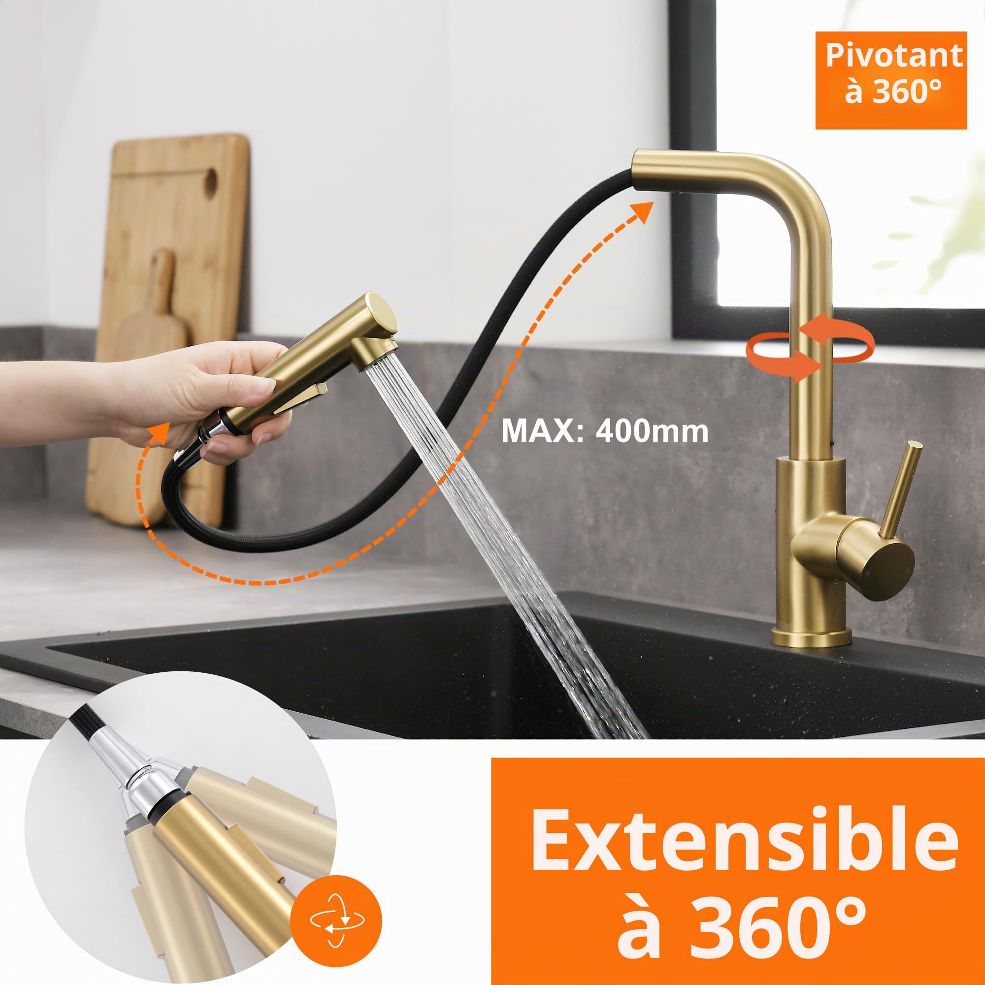 Tohlar robinet de cuisine doré, amatur extensible avec douchette magnétique, deux types de jet, robinet d'évier haute pression, en forme de L, acier inoxydable brossé