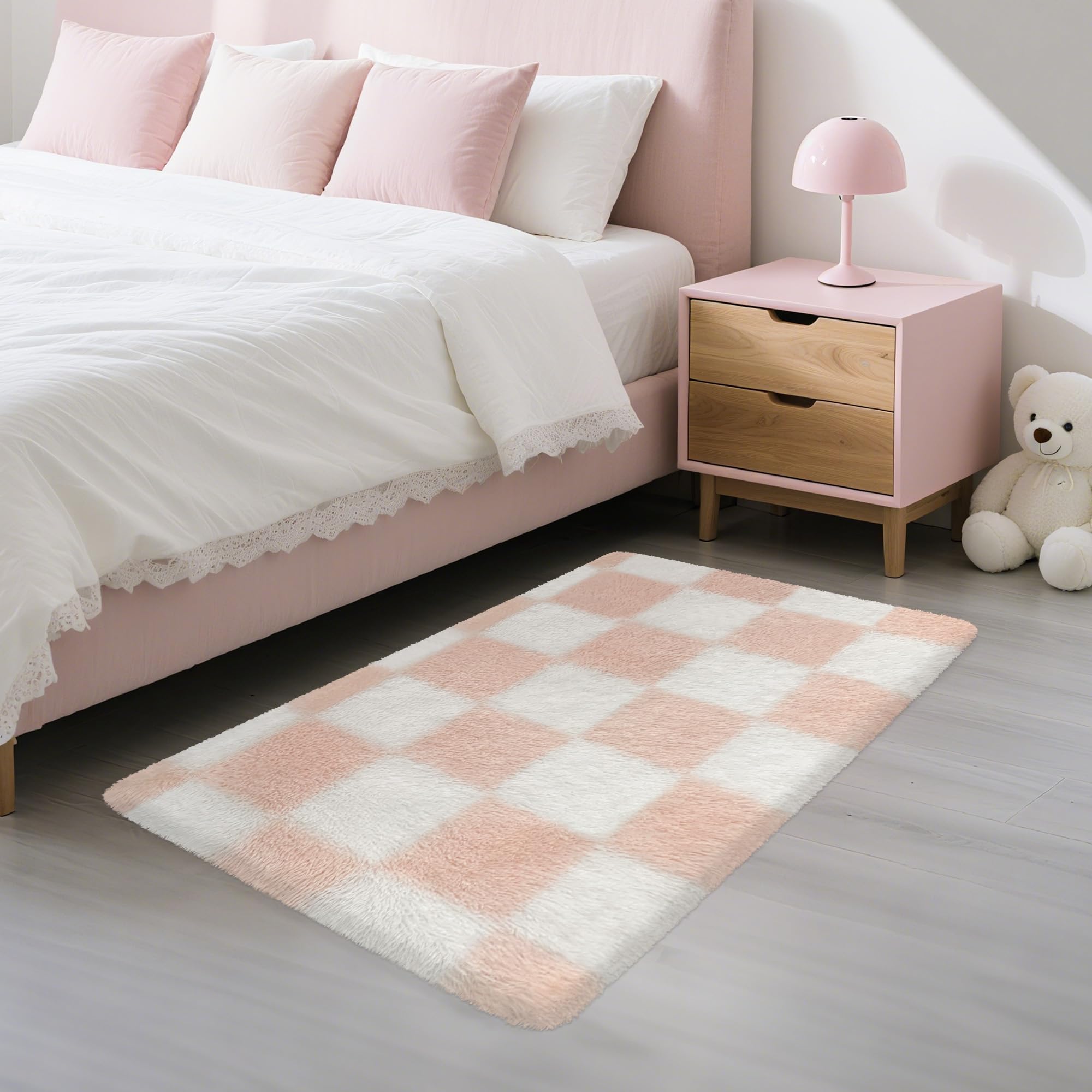 MondayRug Soft Small Area Rug 2x3 for Bedroom Pink Checkered Rug Plush Shag Carpet for Kids Room Shaggy Throw Rugs Non Silp Indoor Entrance Door Mat