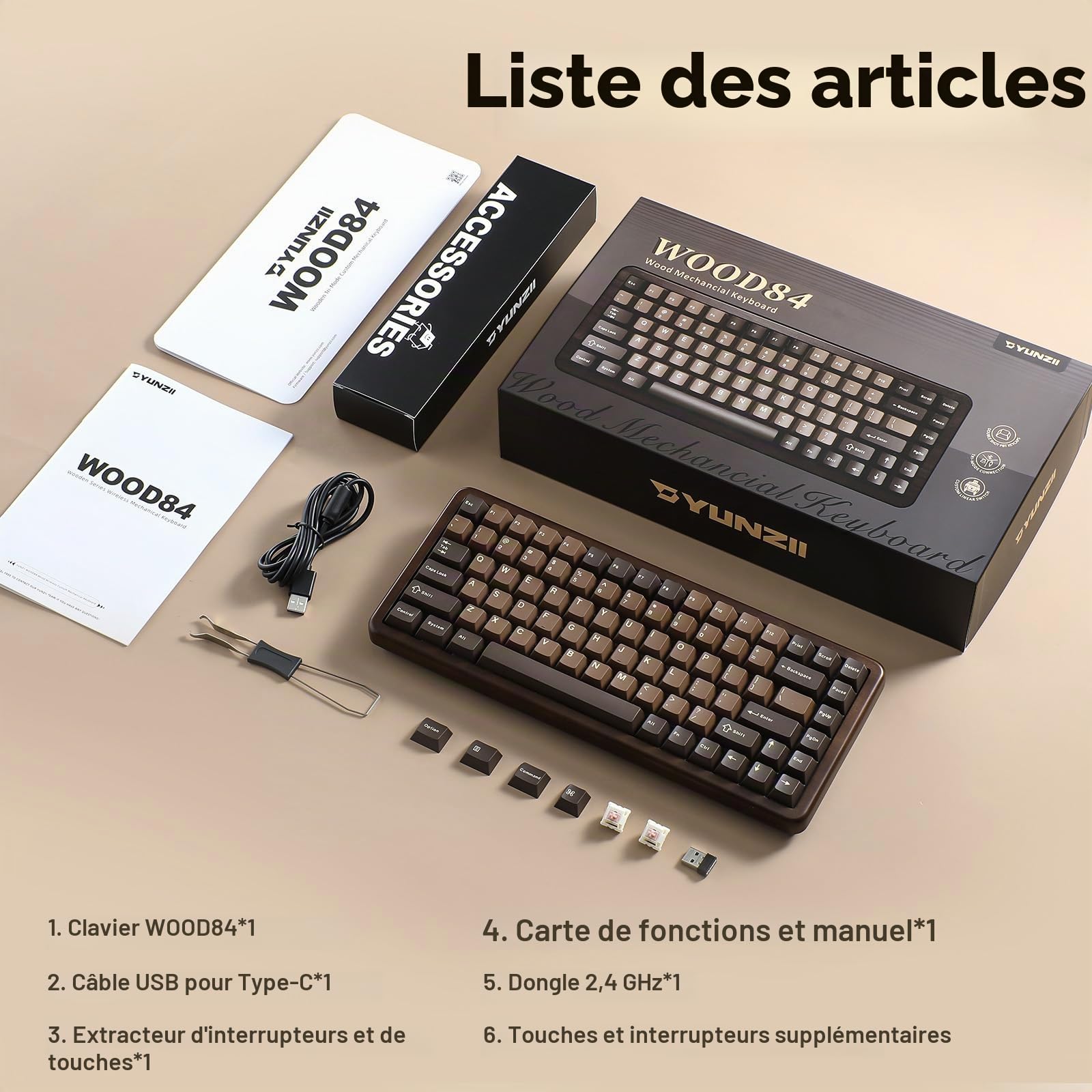 YUNZII WOOD84 75% Clavier Mécanique Gamer sans Fil en Bois RVB (Candy) | Bluetooth/2.4G/USB-C Filaire, Rétroéclairage RGB, Montage Tray, Hot-Swap PBT, QWERTY, pour Mac/PC