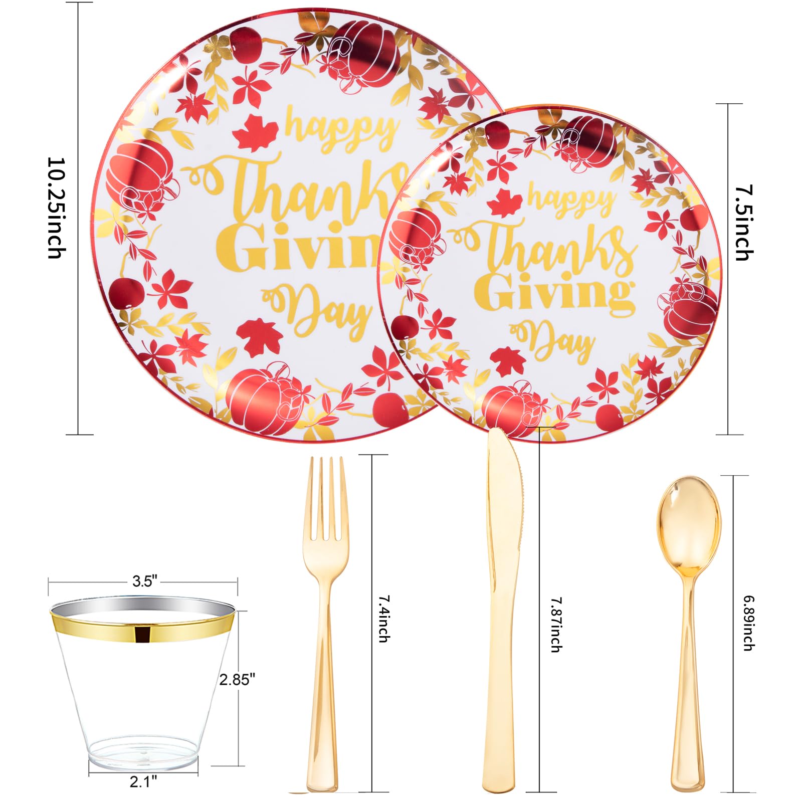 WELLIFE 180Pcs Thanksgiving Plastic Plates with Pumpkins Design, Includes:30 Thanksgiving Dinner Plates, 30 Thanksgiving Dessert Plates, 90 Gold Plastic Silverware and 30 Pcs 9oz Gold Plastic Cups