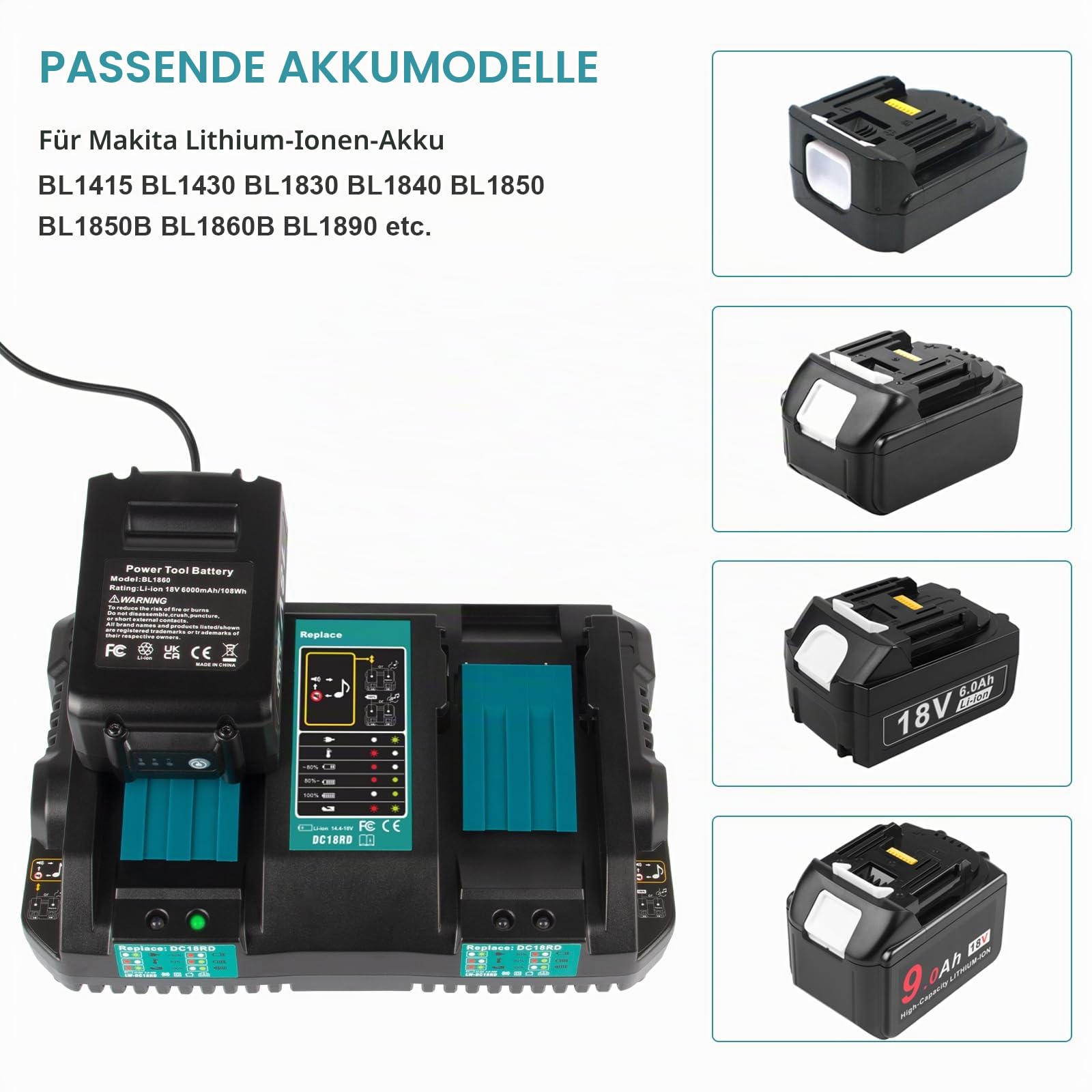 4A Dual Port Ladegerät für Makita Akku, DC18RD 14,4V~18V Li-ion Akku Ersatz Schnellladegerät doppelladegerät BL1415 BL1430 BL1830 BL1840 BL1850 BL1850B BL1860B (110-230V)