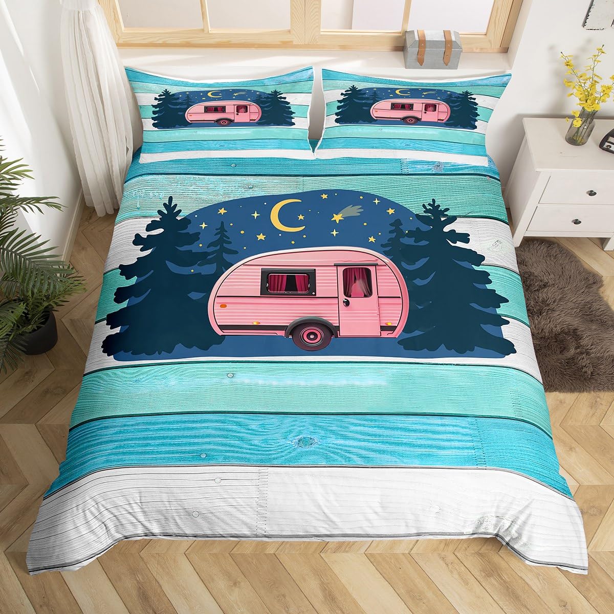 Camping Theme Bedding for Boys Teens Girls Kids, Camper Comforter Cover Camping Car Rv Travel Trailers Duvet Cover Vintage Galaxy Moon Stars Quilt Cover Queen Size Bedding Collection, Zipper Closure