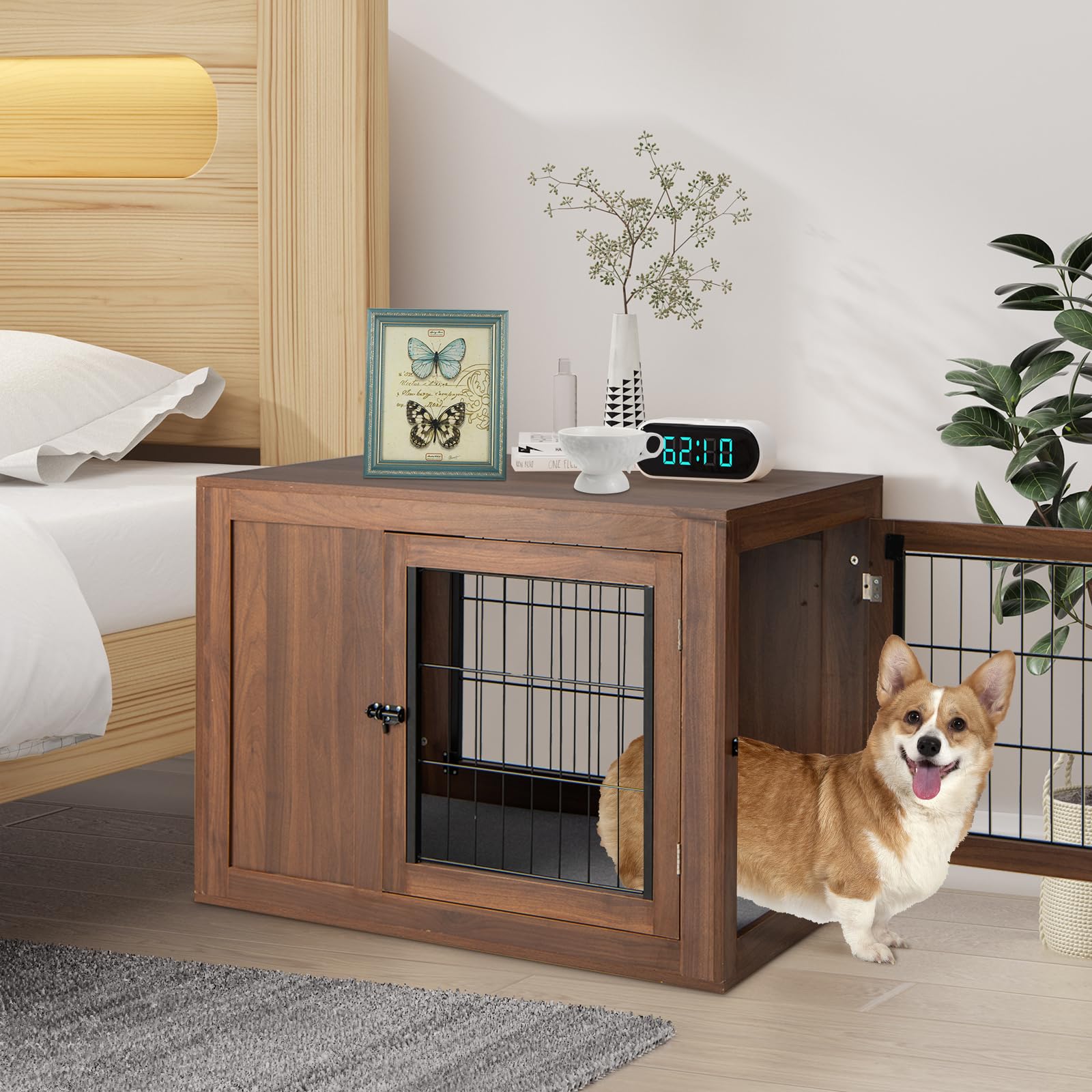 GOPLUS Jaula para Perro 2 en 1 con Cojín Cómodo y Doble Puerta, Casa de Jaula para Perros, Nicho Decorativo de Malla para Perros Pequeños y Medianos 92 x 59 x 66,5 cm, Marrón