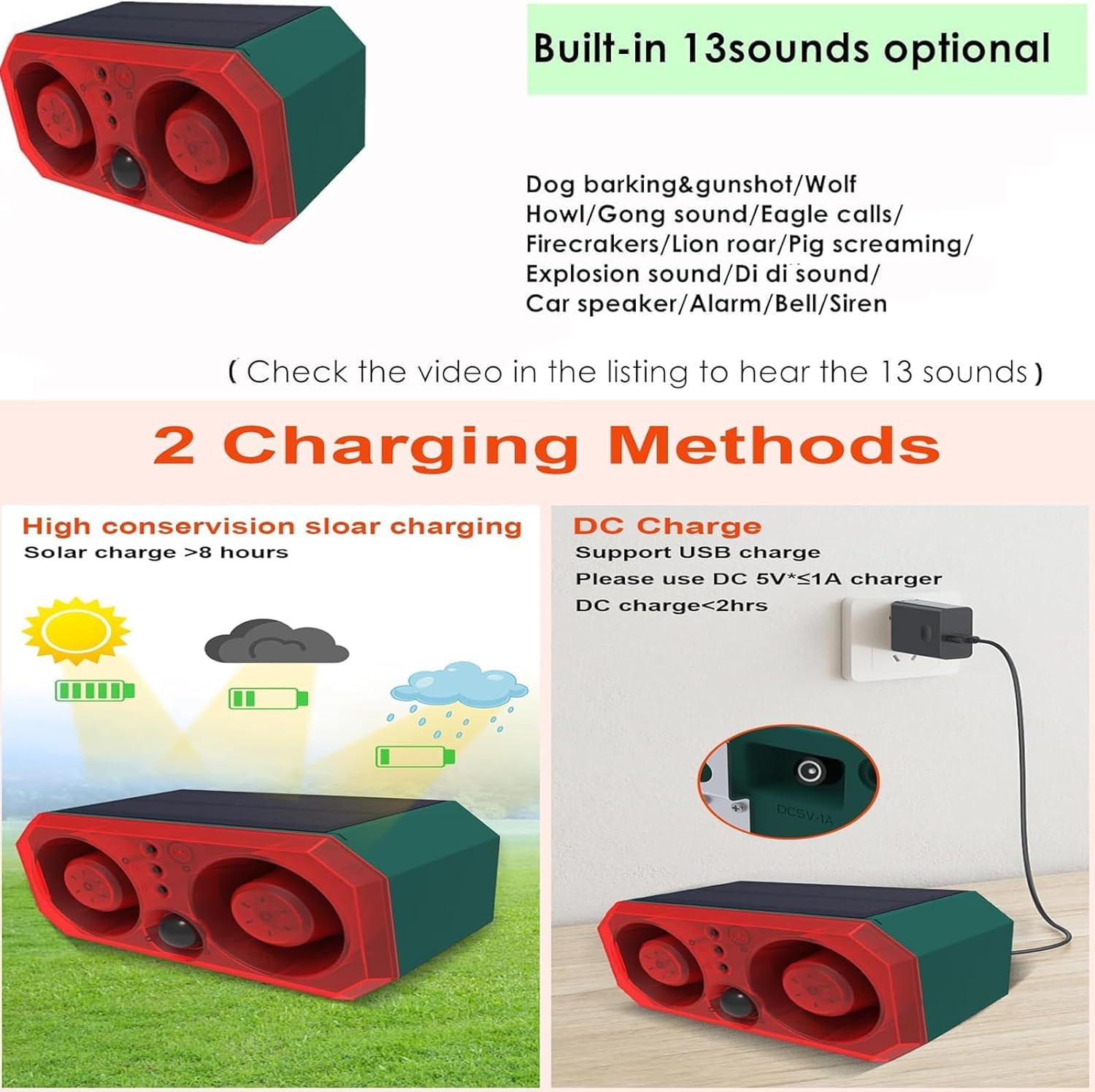 Solar Bewegungsmelder Alarm mit 13Sounds & Aufzeichnung & Einstellbare Lautstärke,130db Dual Lautsprecher Schussgeräuschen Hundegebell Sound Stroboskoplicht,Sirene und Strobe Alarm (1)