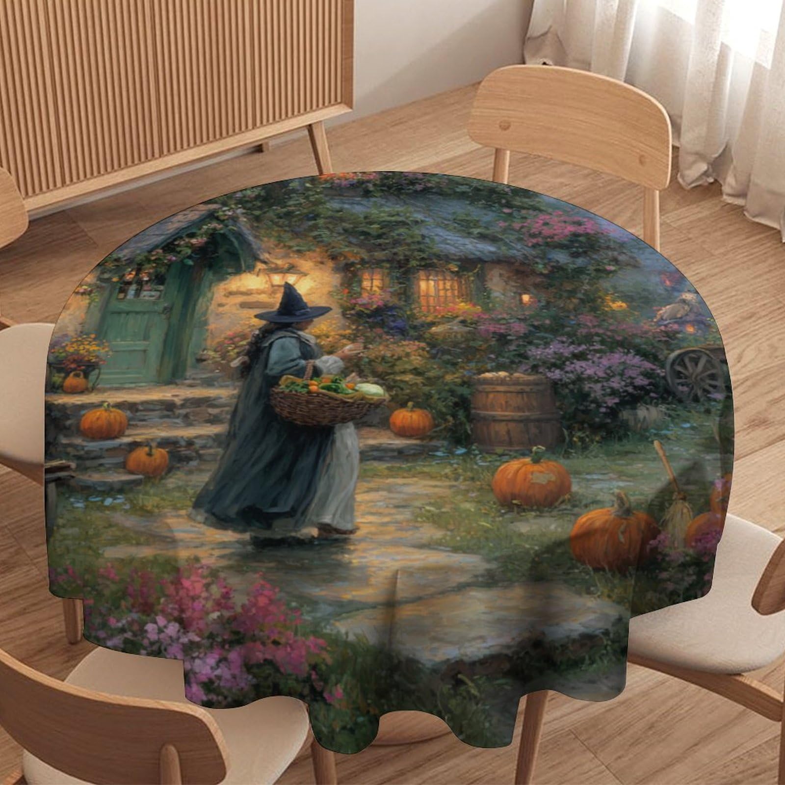 LUYYSKY Gothic Aesthetic Halloween Witch Waterproof Round Tablecloth Classic Realistic Enchanted Forest Animal Birds Crow Pumpkin Flowers Washable Table Cover for Kitchen-152.4" Wx152.4 L cm