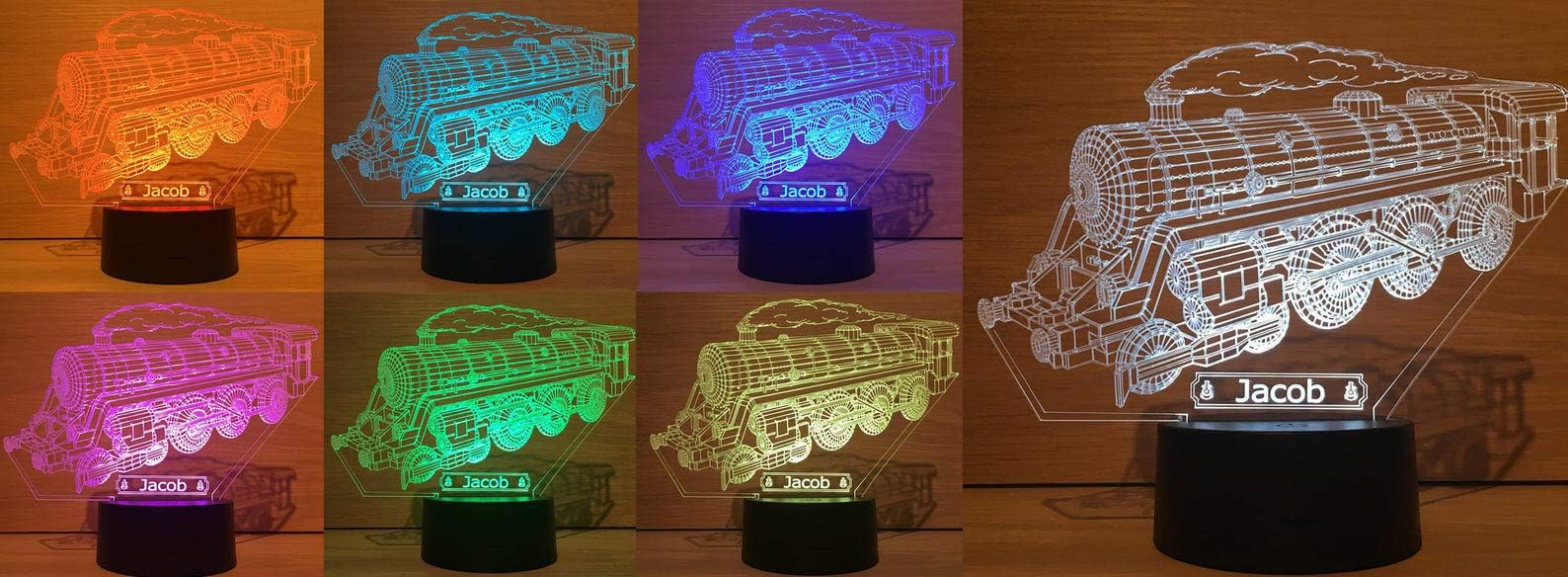 GPG LTDRemote Controlled Personalised STEAM Locomotive Train Design Colour Changing 3D Optical Illusion Night Light Complete with Light Base & Cable