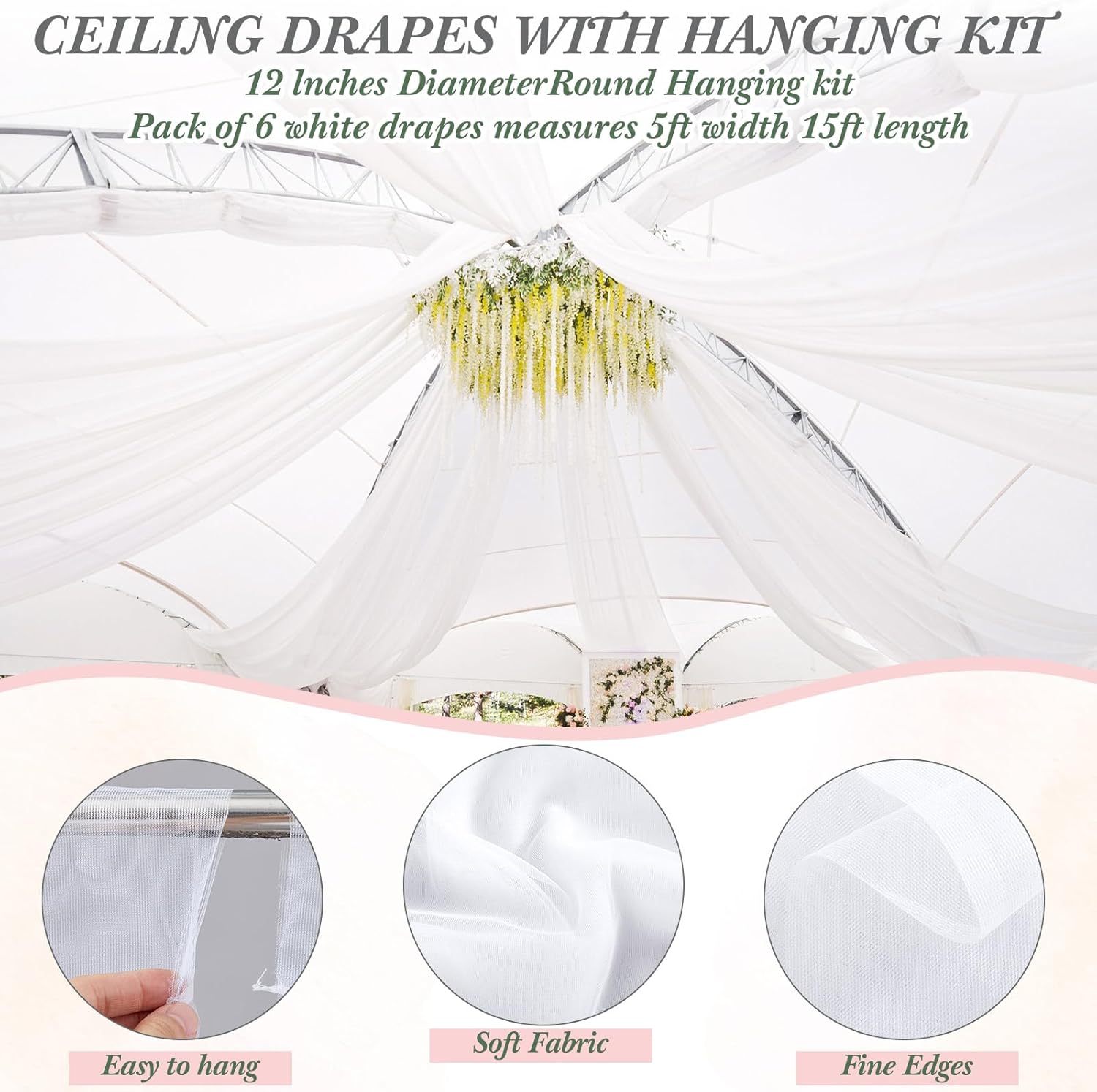 Breling 5ft x 10ft 6 Panels 24 Inches Wedding Ceiling Drapes Hanging Kit with Drapery- Ceiling Hoop with Curtains White Wedding Chiffon Fabric, for Weddings Bedroom Parties