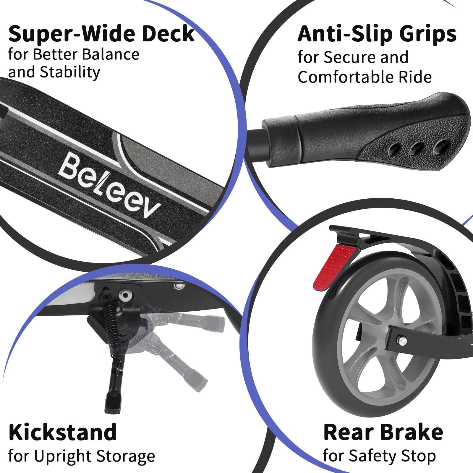 BELEEV Monopattini bambini 2 Ruote Pieghevole con LED Illuminate Deck, Ruote Grandi 230mm, 5 Altezza Regolabile, Cinghia di Trasporto Big Wheels City Scooter per 6+ Bambini e adulti fino 100 kg