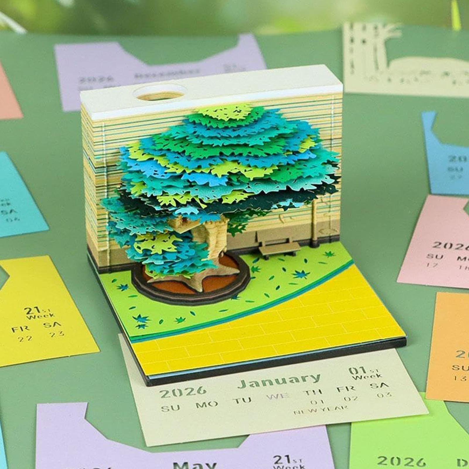 Calendario da scrivania 2026 a strappo, motivo: albero, blocco note per | arti e mestieri, decorazione da tavolo per scuola, ufficio, casa, dormitorio, università, studenti, famiglia, Capodanno,