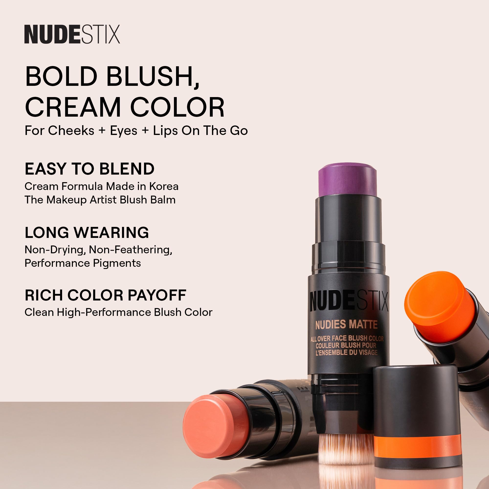 Nudestix Nudies Blush Stick – 3-in-1 Cream Blush for Cheeks, Eyes & Lips with Built-In Brush | Soft Matte Finish for a Natural Flush