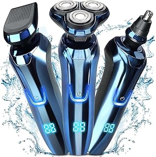 Electric Razor for Men, Mens Electric Shavers 3 in 1 IP7 Waterproof Wet and Dry shaving, Cordless Rechargeable Rotary Shavers Sideburn Nose Trimmer with LCD Display