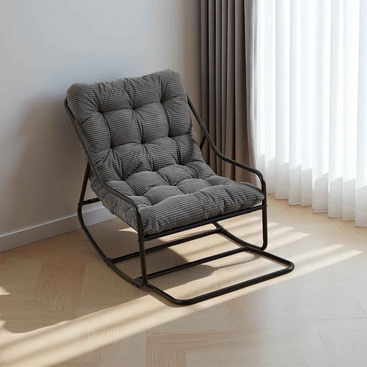 Outdoor Rocking Chair, Patio Recliner Chair with Black Metal Frame & Soft Thick Cushion, Corduroy Upholstered Tufted Rocker Chair with Footstool for Living Room, Soft Lounge Chair, Grey