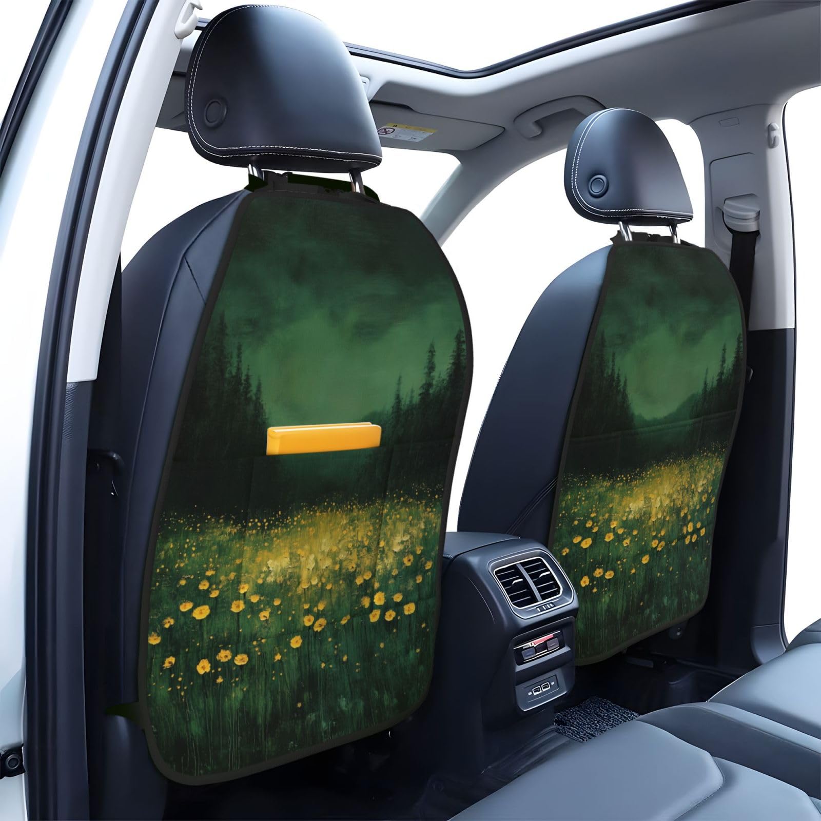 Dark Green Wildflower Field Vintage Car Seat Back Kick Protectors,2 Pack Kick Mats with Storage Pockets for Vehicles to Protect from Dirt Mud Scratches