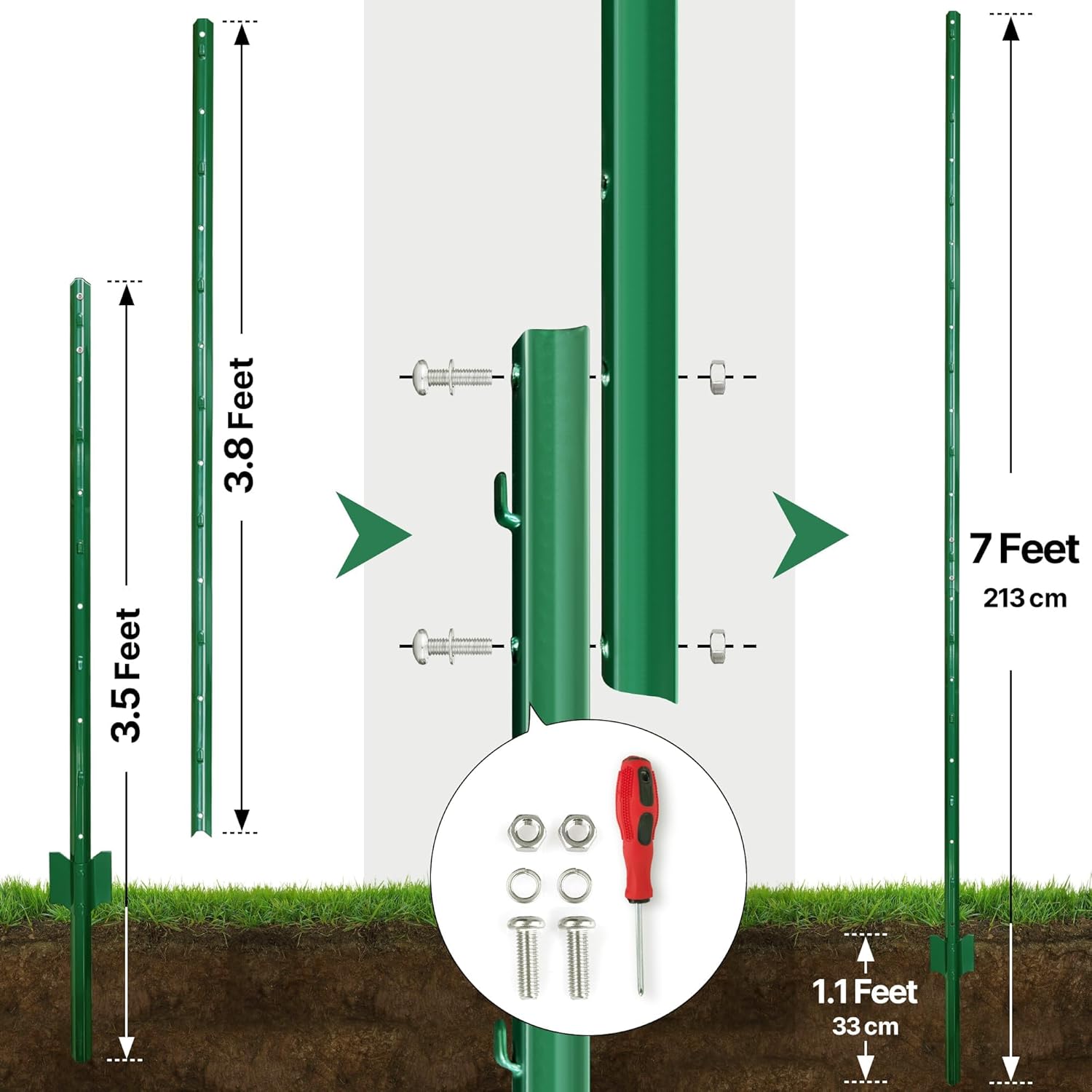Thealyn 7ft Fence Posts, Pack of 10 - Sturdy Metal U-Posts & Step-in Stakes, No Digging Poles for Garden Wire Fencing and Yard Signs (Requires Assembly)