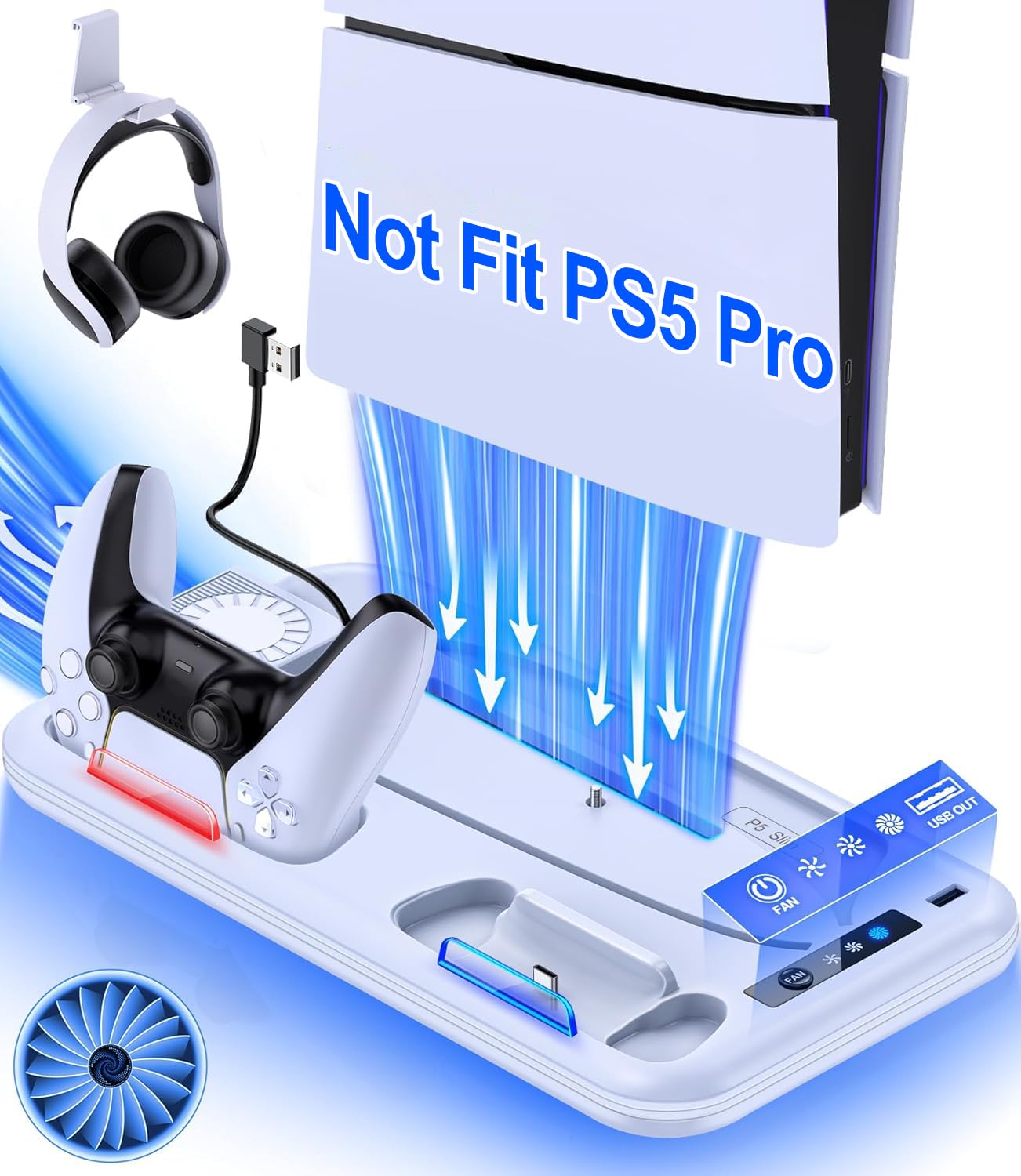 LIFUFUTEE PS5 Slim Stand Cooling Station with Dual Controller Charging Station for PlayStation 5 Console, PS5 Accessories-Cooling Stand, Cooler Fan, Headset Holder, USB HUB